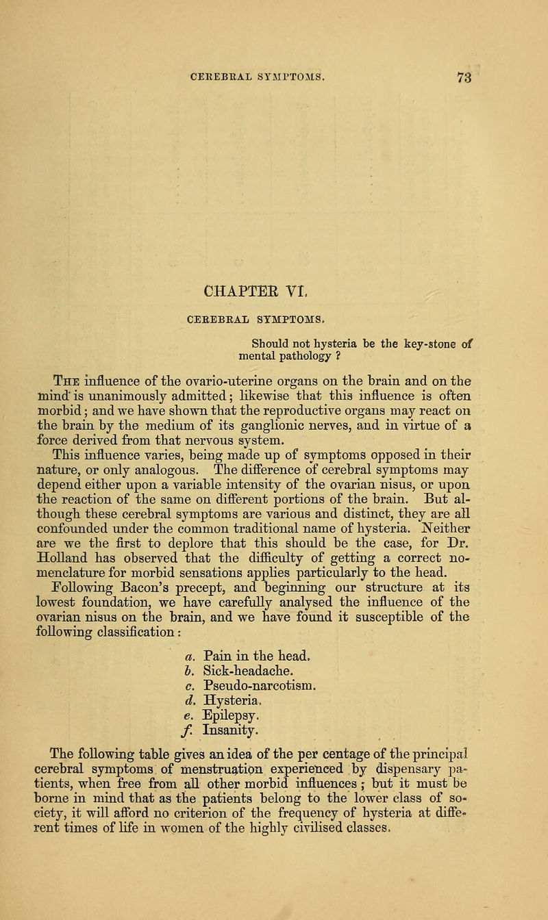 CHAPTER VI, CEEEBEAL SYMPTOMS. Should not hysteria be the key-stone of mental pathology ? The influence of the ovario-nterine organs on the brain and on the mind is unanimously admitted; likewise that this influence is often morbid; and we have shown that the reproductive organs may react on the brain by the medium of its ganglionic nerves, and in virtue of a force derived from that nervous system. This influence varies, being made up of symptoms opposed in their nature, or only analogous. The difiierence of cerebral symptoms may depend either upon a variable intensity of the ovarian nisus, or upon the reaction of the same on difierent portions of the brain. But al- though these cerebral symptoms are various and distinct, they are all confounded under the common traditional name of hysteria. Neither are we the first to deplore that this should be the case, for Dr. Holland has observed that the difficulty of getting a correct no- menclature for morbid sensations applies particularly to the head. Following Bacon's precept, and beginning our structure at its lowest foundation, we have carefiilly analysed the influence of the ovarian nisus on the brain, and we have found it susceptible of the following classification: a. Pain in the head, h. Sick-headache. c. Pseudo-narcotism. d. Hysteria. e. Epilepsy. f. Insanity. The following table gives an idea of the per centage of the principal cerebral symptoms of menstruation experienced by dispensary pa- tients, when free from all other morbid influences j but it must be borne in mind that as the patients belong to the lower class of so- ciety, it will afford no criterion of the frequency of hysteria at diffe- rent times of life in women of the highly civilised classes.