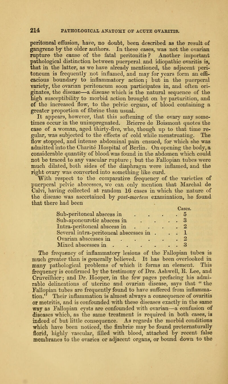 peritoneal effusion, have, no doubt, been described as the result of gangrene by the older atitbors. In these cases, was not the ovarian rupture the cause of the fatal peritonitis ? Another important pathological distinction between puerperal and idiopathic ovaritis is, that in the latter, as we have already mentioned, the adjacent peri- toneum is frequently not inflamed, and may for years form an effi- cacious boundary to inflammatory action; but in the puerperal variety, the ovarian peritoneum soon participates in, and often ori- ginates, the disease—a disease which is the natural sequence of the high susceptibility to morbid action brought on by parturition, and of the increased flow, to the pelvic organs, of blood containing a greater proportion of fibrine than usual. It appears, however, that this softening of the ovary may some- times occur in the unimpregnated. Brierre de Boismont quotes the case of a woman, aged thirty-five, who, though up to that time re- gular, was subjected to the effects of cold while menstruating. The flow stopped, and intense abdominal pain ensued, for which she was admitted into the Charite Hospital of Berlin. On opening the body, a considerable quantity of blood was found in the abdomen which could not be traced to any vascular rupture ; but the Eallopian tubes were much dilated, both sides of the diaphragm were inflamed, and the right ovary was converted into something like curd. With respect to the comparative frequency of the varieties of puerperal pelvic abscesses, we can only mention that Marchal de Calvi, having collected at random 16 cases in which the nature of the disease was ascertained by post-mortem examination, he found that there had been Cases. Siib-peritoneal abscess in .... 5 Sub-aponeurotic abscess in . . . . 3 Intra-peritoneal abscess in . . . .2 Several intra-peritoneal abscesses in . . . 1 Ovarian abscesses in . . . . .2 Mixed abscesses in 3 The frequency of inflammatory lesions of the Pallopian tubes is much greater than is generally believed. It has been overlooked in many pathological problems of which it forms an element. This frequency is confirmed by the testimony of Drs. AshweU, E. Lee, and Cruveilhier; and Dr. Hooper, in the few pages prefacing his admi- rable delineations of uterine and ovarian disease, says that the Fallopian tubes are frequently formd to have suffered from inflamma- tion. Their inflammation is almost always a consequence of ovaritis or metritis, and is confounded with these diseases exactly in the same way as Fallopian cysts are confounded with ovarian—a confusion of diseases which, as the same treatment is required in both cases, is indeed of but little couseqiience. As regards the morbid conditions which liave been noticed, the fimbriae may be found preternaturally florid, highly vascular, filled with blood, attached by recent false membranes to the ovaries or adjacent organs, or bound down to the