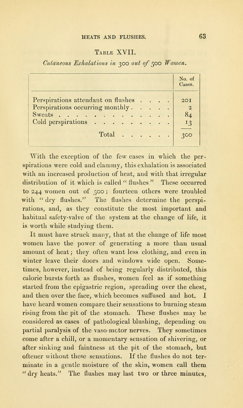 Table XVII. Cutaneous Exhalations in 300 out of 500 Women. Perspirations attendant on flushes Perspirations occurring monthly . Sweats Cold perspirations Total . . No. of Cases. 20I 2 84 l3 300 With the exception of the few cases in which the per- spirations were cold and clammy, this exhalation is associated with an increased production of heat, and with that irregular distribution of it which is called flushes These occurred to 244 women out of 500 ; fourteen others were troubled with  dry flushes. The flushes determine the perspi- rations, and, as they constitute the most important and habitual safety-valve of the system at the change of life, it is worth while studying them. It must have struck many, that at the change of life most women have the power of generating a more than usual amount of heat; they often want less clothing, and even in winter leave their doors and windows wide open. Some- times, however, instead of being regularly distributed, this caloric bursts forth as flushes, women feel as if something started from the epigastric region, spreading over the chest, and then over the face, which becomes suffused and hot. I have heard women compare their sensations to burning steam rising from the pit of the stomach. These flushes may be considered as cases of pathological blushing, depending on partial paralysis of the vasomotor nerves. They sometimes come after a chill, or a momentary sensation of shivering, or after sinking and faintness at the pit of the stomach, but oftener without these sensations. If the flushes do not ter- minate in a gentle moisture of the skin, women call them  dry heats. The flushes may last two or three minutes,