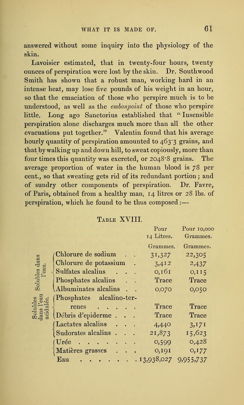 answered without some inquiry into the physiology of the skin. Lavoisier estimated, that in twenty-four hours, twenty ounces of perspiration were lost by the skin. Dr. Southwood Smith has shown that a robust man, working hard in an intense heat, may lose five pounds of his weight in an hour, so that the emaciation of those who perspire much is to be understood, as well as the embonpoint of those who perspire little. Long ago Sanctorius established that  Insensible perspiration alone discharges much more than all the other evacuations put together. Valentin found that his average hourly quantity of perspiration amounted to 463*3 grains, and that by walking up and down hill, to sweat copiously, more than four times this quantity was excreted, or 2048*8 grains. The average proportion of water in the human blood is 78 per cent., so that sweating gets rid of its redundant portion; and of sundry other components of perspiration. Dr. Favre, of Paris, obtained from a healthy man, 14 litres or 28 lbs. of perspiration, which he found to be thus composed:— Table XVIII. W. pi S ^ a> 42 CJvcB til /Chlorure de sodium . . Chlorure de potassium Sulfates alcalins . . . Phosphates alcalins . . VAlbuminates alcalins . . (Phosphates alcalino-ter- renes Debris d'epiderme Lactates alcalins Sudorates alcalins [Ure'e .... 1 Matieres grasses Eau .... Pour 14 Litres. Grammes. 31,327 3,412 0,161 Trace 0,070 Trace Trace 4,440 21,873 o,599 0,191 : 3,938,027 Pour 10,000 Grammes. Grammes. 22,305 2,437 0,115 Trace 0,050 Trace Trace 3J7I 15,623 0,428 0,177 9,955,737