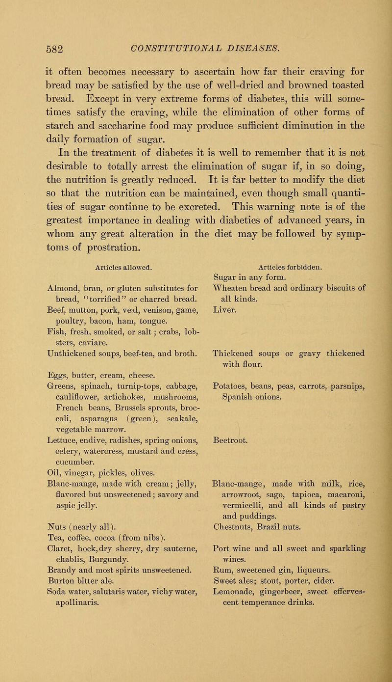it often becomes necessary to ascertain liow far their craving for bread may be satisfied by the use of well-dried and browned toasted bread. Except in very extreme forms of diabetes, this will some- times satisfy the craving, while the elimination of other forms of starch and saccharine food may produce sufficient diminution in the daily formation of sugar. In the treatment of diabetes it is well to remember that it is not desirable to totally arrest the elimination of sugar if, in so doing, the nutrition is greatly reduced. It is far better to modify the diet so that the nutrition can be maintained, even though small quanti- ties of sugar continue to be excreted. This warning note is of the greatest importance in dealing with diabetics of advanced years, in whom any great alteration in the diet may be followed by symp- toms of prostration. Articles allowed. Almond, bran, or gluten substitutes for bread,  terrified or charred bread. Beef, mutton, pork, veal, venison, game, poultry, bacon, ham, tongue. Fish, fresh, smoked, or salt; crabs, lob- sters, caviare. Unthickened soups, beef-tea, and broth. Eggs, butter, cream, cheese. Greens, spinach, turnip-tops, cabbage, cauliflower, artichokes, mushrooms, French beans, Brussels sprouts, broc- coli, asparagus (green), seakale, vegetable marrow. Lettuce, endive, radishes, spring onions, celery, watercress, mustard and cress, cucumber. Oil, vinegar, pickles, olives. Blanc-mange, made with cream; jelly, flavored but unsweetened; savory and aspic jelly. Nuts (nearly all). Tea, coffee, cocoa (from nibs). Claret, hock, dry sherry, dry sauterne, chablis. Burgundy. Brandy and most spirits unsweetened. Burton bitter ale. Soda water, salutaris water, vichy water, apollinaris. Articles forbidden. Sugar in any form. Wheaten bread and ordinary biscuits of all kinds. Liver. Thickened soups or gravy thickened with flour. Potatoes, beans, peas, carrots, parsnips, Spanish onions. Beetroot. Blanc-mange, made with milk, rice, arrowroot, sago, tapioca, macaroni, vermicelli, and all kinds of pastry and puddings. Chestnuts, Brazil nuts. Port wine and all sweet and sparkling wines. Bum, sweetened gin, liqueurs. Sweet ales; stout, porter, cider. Lemonade, gingerbeer, sweet efferves- cent temperance drinks.