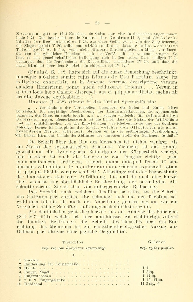 Motatarsus gibt er tüiif Knuchen, da Galen nur vier in demselben angenommen hatte I 21. Gut beschreibt er die Fasern der Gedärme II 8, und die Gelenk- bänder der Beckpnknochen I. 23. Aus einer Stelle, wo er von der Zergliederung der Ziegen spricht V 20, sollte man wirklich schliessen, dass er selbst Avenigstens Thiere geöffnet habe, wenn nicht offenbare Unrichtigkeiten in Menge vorkämen, die von der gänzlichen Unbekanntschaft des Verf.'s mit der Anatomie zeugten. So lässt er den gemeinschaftlichen Gallengang sich in den leeren Darm endigen II 7; behauptet, dass die Traubenhaut die Krystalllinse einschliesse IV 2*^, und dass die harte Hirnhaut über dem Siebbein durchlöchert sei IV 12. (Freind, S. 15-2, hatte sich auf die kurze Bemerkung beschränkt, pluraque a Galeno sumit: cujus Libros de Usu Partium saepe ita religiöse exscribit, ut in Asperae Arteriae descriptione versum eundem Homericum ponat quem adduxerat Galenus .... Verum in quibus locis hie a Galeno discrepet, aut ei quippiam adjiciat, melius ab erudito Juvene explicabitur . . . .) Haeser (I, 462) stimmt in das Urtheil Sprengel's ein: „ . . . Verständniss der Vorarbeiten, besonders des Galen und Rufus, klare Schreibart. Die sorgfältige Beschreibung der Handwurzelknochen, der Aponeurosis palmaris, des Muse, palmaris brevis u. s. w. zeugen vielleicht für selbstständige Untersuchungen. Bemerkenswerth ist die Lehre, dass die Gestalt der Wirbelsäule und der Schädelknochen von der Entwickelung des Rückenmarkes und des Gehirnes abhänge. Ferner ist Theophilus der Erste, welcher den Olfactorius als einen besonderen Nerven schildert, obschon er an der siebförmigen Durchbohrung 'der harten Hirnhaut, behufs des Abflusses der unreinen Stoffe des Gehirnes, festhält. Die Schrift über den Bau des Menschen ist nichts weniger als ein Abriss der sj^stematischen Anatomie. Vielmehr ist das Haupt- gewicht auf die fysiologische Bethätigung der Körpertheile verlegt, und insofern ist auch die Bemerkung von Douglas richtig: „rem enim anatomicam artificiose tractat, quum quicquid ferme 17 am- plissimis voluminibus de membrorum usu Galenus explicavit, totum id quinque libellis comprehenderit. Allerdings geht der Besprechung der Funktionen stets eine Aufzählung, hie und da auch eine kurze, aber zumeist nur oberflächliche Beschreibung der betheiligten Ab- schnitte voraus. Sie ist eben von untergeordneter Bedeutung. Das Vorbild, nach welchem Theofilos schreibt, ist die Schrift des Galenos peri chreias. Ihr schmiegt sich die des Theofilos so- wohl dem Inhalte als auch der Anordnung gemäss eng an, Avie ein Vergleich beider Schriften aufs augenscheinlichste ergibt. Am deutlichsten geht dies hervor aus der Analyse des Fabricius (XII 907—911), welche ich hier anschliesse. Sie rechtfertigt vollauf die bündige Erklärung: die Schrift des Theofilos über die Ein- richtung des Menschen ist ein christlich-theologischer Auszug aus Galenos peri chreias ohne jegliche Originalität. Theofilos Galenos tisqI rfjg tov avd'QConov KarccaKSvrjg. tisqI XQSiag iioqiav. I. 1. Vorrede 2. Eintheilung der Körpertheile .3. Hände 14 4. Finger, Nägel I 5 sq. 5. Fingerknochen I 12 sq. 6. 7. 8. 9. Fingergelenke I 15, 17 sq. 10. Hohlhand II 3 sq., 6