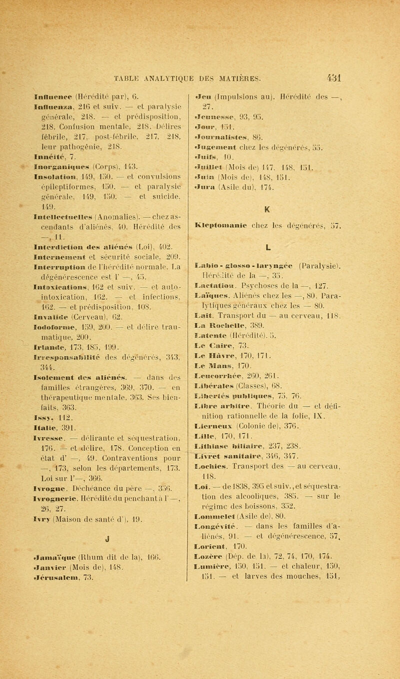 Inniienoe (Hrrédito par), 6. luniieuxa, 216 et suiv. — et paralysie générale, 218. — et prédisposition, 218. Conlusioii mentale, 218. Délires fébrile, 217,. post-Iébrile, 217, 218, leur pathogénie, 218. Iniicité, 7. Inor$;'itni«|iies (Corps), li3. luiiiolation, 149, IriO. — et convulsions épileptiformes, loO. — et paralysie générale, 149, l^iO. — et suicide. 149. Intellectuelles (Anomalies), —chezas- cendants d'aliénés, 40. Hérédité des —, 11. InterrtâetioM des aliénési (Loi), 402. InterneBîBCMt et sécurité sociale, 209. Interruption de l'iiérédité normale. La dégénérescence est 1' —. 4.ï. Intoxications, 1G2 et suiv. — et auto- intoxication, 162. — et infections. 162. — et prédisposition, 108. Invalide (Cerveau), 62. lodofornie, io9, 200. — et délire trau- matique, 200. Irlande, 173, 18:j, 199. Irrespon.'^aSsjlité des dég(''néré3, 343. 344. Isolement des aliénés. — dans des familles étrangères, 369, 370. — en thérapeutique mentale, 363. Ses bien- faits, 363. Lssy, 112. Italie, 391. Ivresse. — délirante et séquestration. 176. — et délire, 178. Conception en état d' —, 49. Contraventions pour —, 173, selon les départements, 173. Loi sur r—, 366. Ivrogne. Déchéance du père—, 3:)G. Ivrognerie. Hérédité du penchant à 1'—, 26, 27. ïvry (Maison de santé d'). 19. Janiaïtiue (Rhum dit de la), KîO Jasivier (Mois de), 148. Jérusalem, 73. »Jeu (Impulsions au). Hérédité des 27. «ïeHï«e.«se, 93, 91). «Jour, l.'jl. «Journalistes, 86. «lugeiiieut chez les dégénérés, '6'6. Juifs, 10. Juillet (Mois de) 147, 148, Lil. Jujn (Mois de), 148, loi. Jura (Asile du), 174. Kleptomanie chez les dégénérés, '61, Laliio - glosso - laryngée (Paralysie!. Hérédité de la —, 3o. Lactation. Psychoses de la—, 127. Laïques. Aliénés chez les —, 80. Para- lytiques généraux chez les — 80. Lait. Transport du — au cerveau, 118. La RocSielle, 389. Latente (Hérédité), o. Le Caire, 73. Le Havre, 170, 171. Le Mans, 170. LeucorrJice, 260, 261. Lii»érales (Classes), 68. LâlserJcs |ni!»lsi|ues, 75, 76. Llltre arijitre. Théorie du — et défi- nition rationnelle de la folie, IX. Lierneux (Colonie de), 376. Lille, 170, 171. Lithiase biliaire, 237, 238. Livret sanitaire, 346, 347. Lochies. Transport des —au cerveau, 118. Loi. — de 1838, 39o et suiv., et séquestra- tion des alcooliques, 383. ^ sur le régime des boissons, 3.32. Lonimelet (Asile de), 80. Longévité. — dans les familles d'a- liénés, 91. — et dégénérescence, 57. Lorient, 170. LoKère (Dép. de la), 72, 74, 170, 174. Lumière, 150, 151. — et chaleur, 130, 151. — et larves des mouches, 151,