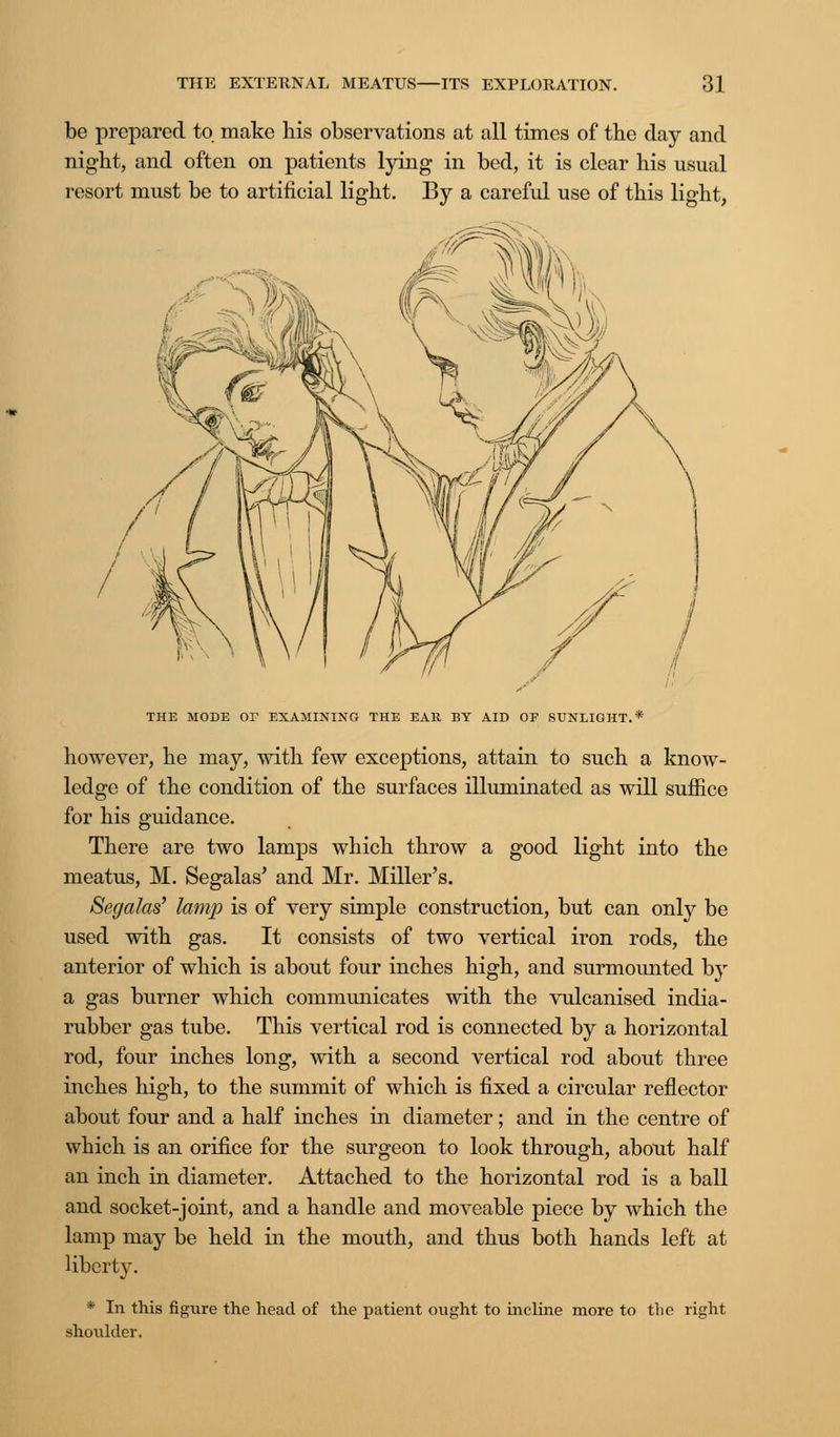 be prepared to make his observations at all times of the day and night, and often on patients lying in bed, it is clear his usual resort must be to artificial light. By a careful use of this light, THE MODE OP EXAMINING THE EAR BY AID OF SUNLIGHT.* however, he may, with few exceptions, attain to such a know- ledge of the condition of the surfaces illuminated as will suffice for his guidance. There are two lamps which throw a good light into the meatus, M. Segalas' and Mr. Miller's. Segalas' lamp is of very simple construction, but can only be used with gas. It consists of two vertical iron rods, the anterior of which is about four inches high, and surmounted by a gas burner which communicates with the vulcanised india- rubber gas tube. This vertical rod is connected by a horizontal rod, four inches long, with a second vertical rod about three inches high, to the summit of which is fixed a circular reflector about four and a half inches in diameter; and in the centre of which is an orifice for the surgeon to look through, about half an inch in diameter. Attached to the horizontal rod is a ball and socket-joint, and a handle and moveable piece by which the lamp may be held in the mouth, and thus both hands left at liberty. * In this figure the head of the patient ought to incline more to the right shoulder.