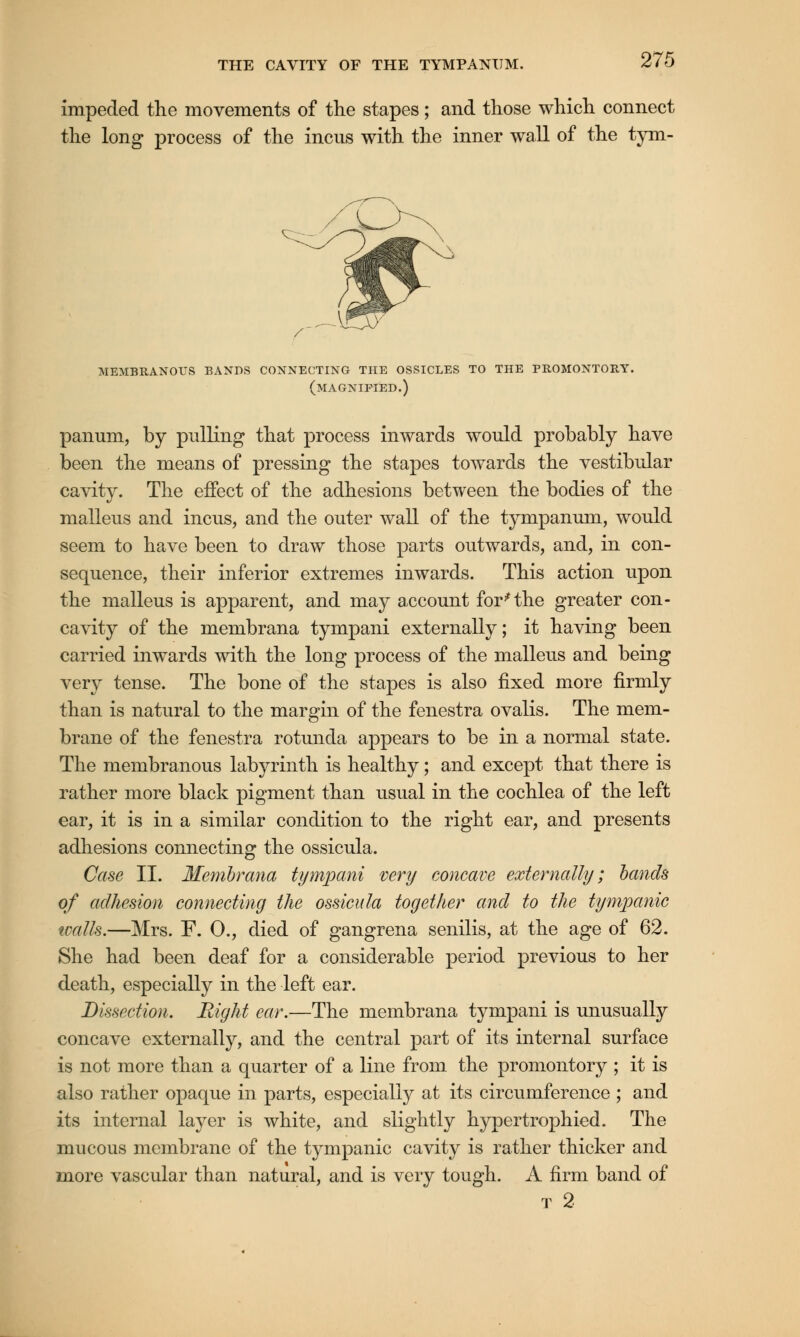 impeded the movements of the stapes; and those which connect the long process of the incus with the inner wall of the tym- MEMBRANOUS BANDS CONNECTING THE OSSICLES TO THE PROMONTORY. (MAGNIFIED.) panum, by prilling that process inwards would probably have been the means of pressing the stapes towards the vestibular cavity. The effect of the adhesions between the bodies of the malleus and incus, and the outer wall of the tympanum, would seem to have been to draw those parts outwards, and, in con- sequence, their inferior extremes inwards. This action upon the malleus is apparent, and may account for'* the greater con- cavity of the membrana tympani externally; it having been carried inwards with the long process of the malleus and being very tense. The bone of the stapes is also fixed more firmly than is natural to the margin of the fenestra ovalis. The mem- brane of the fenestra rotunda appears to be in a normal state. The membranous labyrinth is healthy; and except that there is rather more black pigment than usual in the cochlea of the left ear, it is in a similar condition to the right ear, and presents adhesions connecting the ossicula. Case II. Membrana tympani very concave externally; bands of adhesion connecting the ossicula together and to the tympanic walls.—Mrs. F. 0., died of gangrena senilis, at the age of 62. She had been deaf for a considerable period previous to her death, especially in the left ear. Dissection. Eight ear.—The membrana tympani is unusually concave externally, and the central part of its internal surface is not more than a quarter of a line from the promontory ; it is also rather opaque in parts, especially at its circumference ; and its internal layer is white, and slightly hypertrophied. The mucous membrane of the tympanic cavity is rather thicker and more vascular than natural, and is very tough. A firm band of t 2