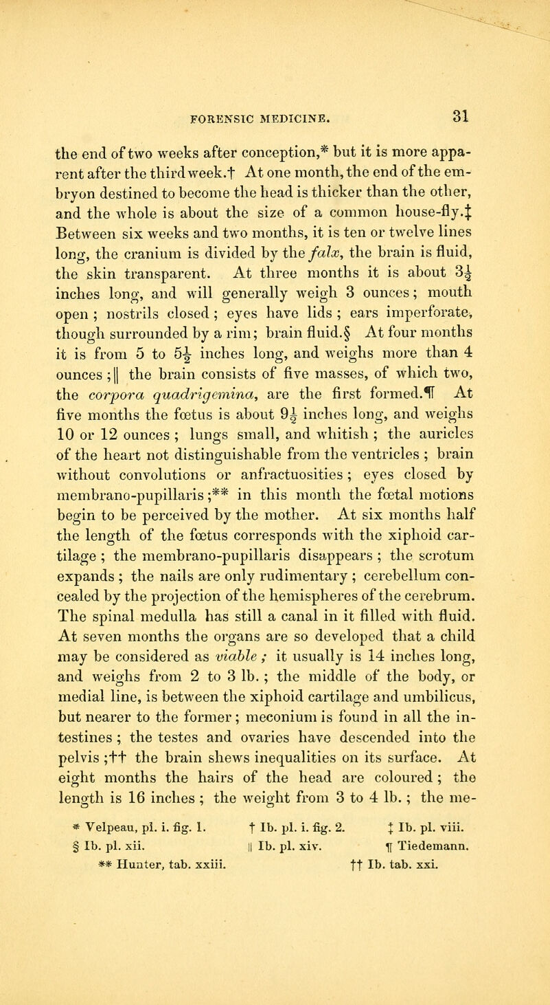 the end of two weeks after conception,* but it is more appa- rent after the third week, t At one month, the end of the em- bryon destined to become the head is thicker than the other, and the whole is about the size of a common house-fly.J Between six weeks and two months, it is ten or twelve lines long, the cranium is divided by the falx, the brain is fluid, the skin transparent. At three months it is about 3^ inches long, and will generally weigh 3 ounces; mouth open ; nostrils closed; eyes have lids ; ears imperforate, though surrounded by a rim; brain fluid.§ At four months it is from 5 to 5J inches long, and weighs more than 4 ounces ; || the brain consists of fi.ve masses, of which two, the corpora quadrigemina, are the first formed.^ At five months the foetus is about 9| inches long, and weighs 10 or 12 ounces ; lungs small, and whitish ; the auricles of the heart not distinguishable from the ventricles ; brain without convolutions or anfractuosities ; eyes closed by membrano-pupillaris ;** in this month the foetal motions begin to be perceived by the mother. At six months half the length of the foetus corresponds with the xiphoid car- tilage ; the membrano-pupillaris disappears ; the scrotum expands ; the nails are only rudimentary ; cerebellum con- cealed by the projection of the hemispheres of the cerebrum. The spinal medulla has still a canal in it filled with fluid. At seven months the organs are so developed that a child may be considered as viable ; it usually is 14 inches long, and weighs from 2 to 3 lb.; the middle of the body, or medial line, is between the xiphoid cartilage and umbilicus, but nearer to the former; meconium is found in all the in- testines ; the testes and ovaries have descended into the pelvis ;tt the brain shews inequalities on its surface. At eight months the hairs of the head are coloured; the length is 16 inches ; the weight from 3 to 4 lb.; the me- * Velpeau, pi. i. fig. 1. f lb. pi. i. fig. 2. % lb. pi. viii. § lb. pi. xii. II lb. pi. xiv. U Tiedemann. ** Hunter, tab. xxiii. tt lb. tab. xxi.