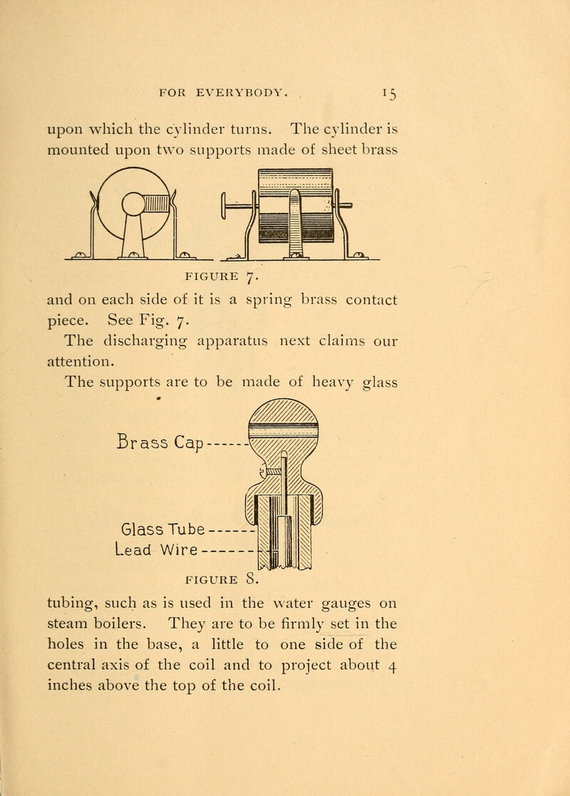 upon which the cylinder turns. The cylinder is mounted upon two supports made of sheet brass figure 7. and on each side of it is a spring brass contact piece. See Fig. 7. The discharging apparatus next claims our attention. The supports are to be made of heavy glass Brass Cap Glass Tube Lead Wire figure 8. tubing, such as is used in the water gauges on steam boilers. They are to be firmly set in the holes in the base, a little to one side of the central axis of the coil and to project about 4 inches above the top of the coil.