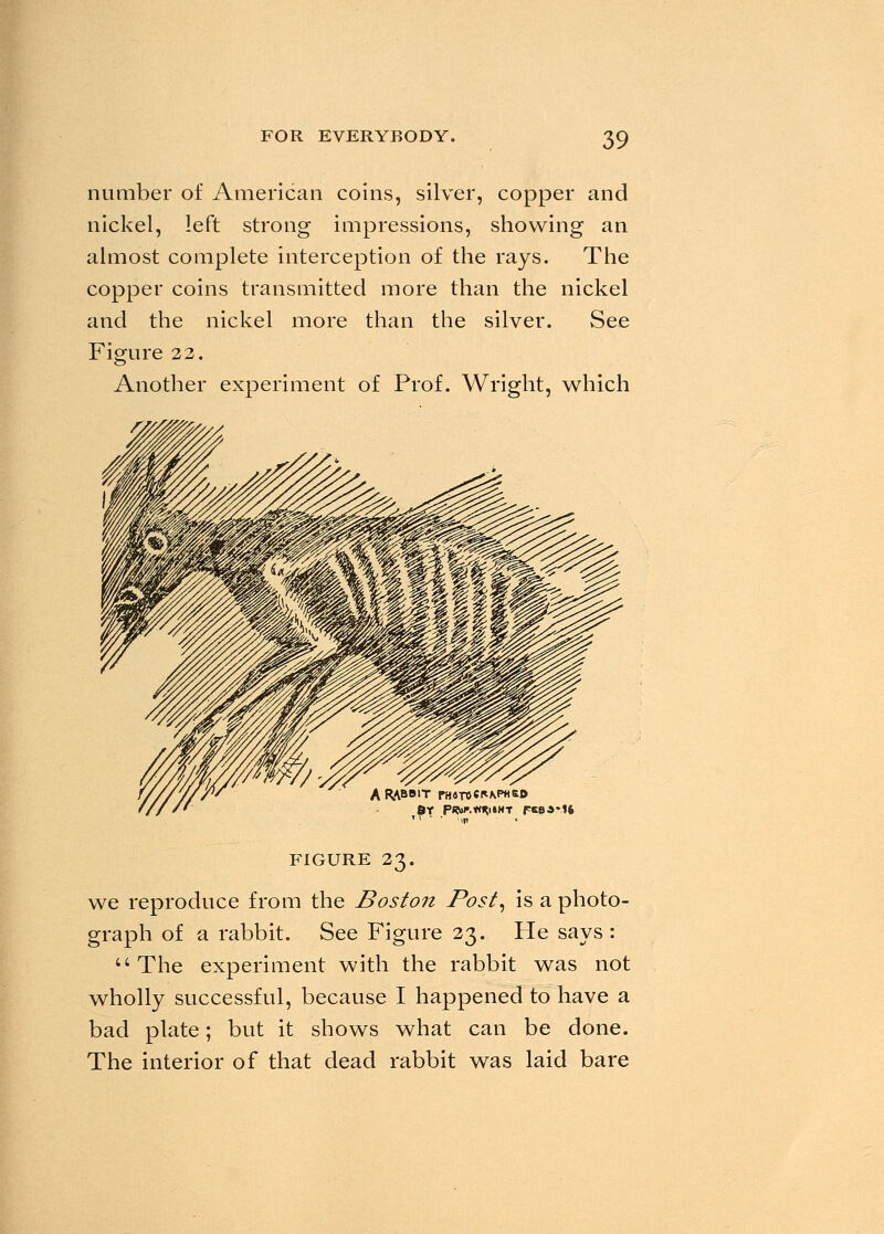 number of American coins, silver, copper and nickel, left strong impressions, showing an almost complete interception of the rays. The copper coins transmitted more than the nickel and the nickel more than the silver. See Figure 22. Another experiment of Prof. Wright, which 6Y PRW.*H<i«HT F6BAM6 FIGURE 23. we reproduce from the Boston Post, is a photo- graph of a rabbit. See Figure 23. He says : The experiment with the rabbit was not wholly successful, because I happened to have a bad plate; but it shows what can be done. The interior of that dead rabbit was laid bare