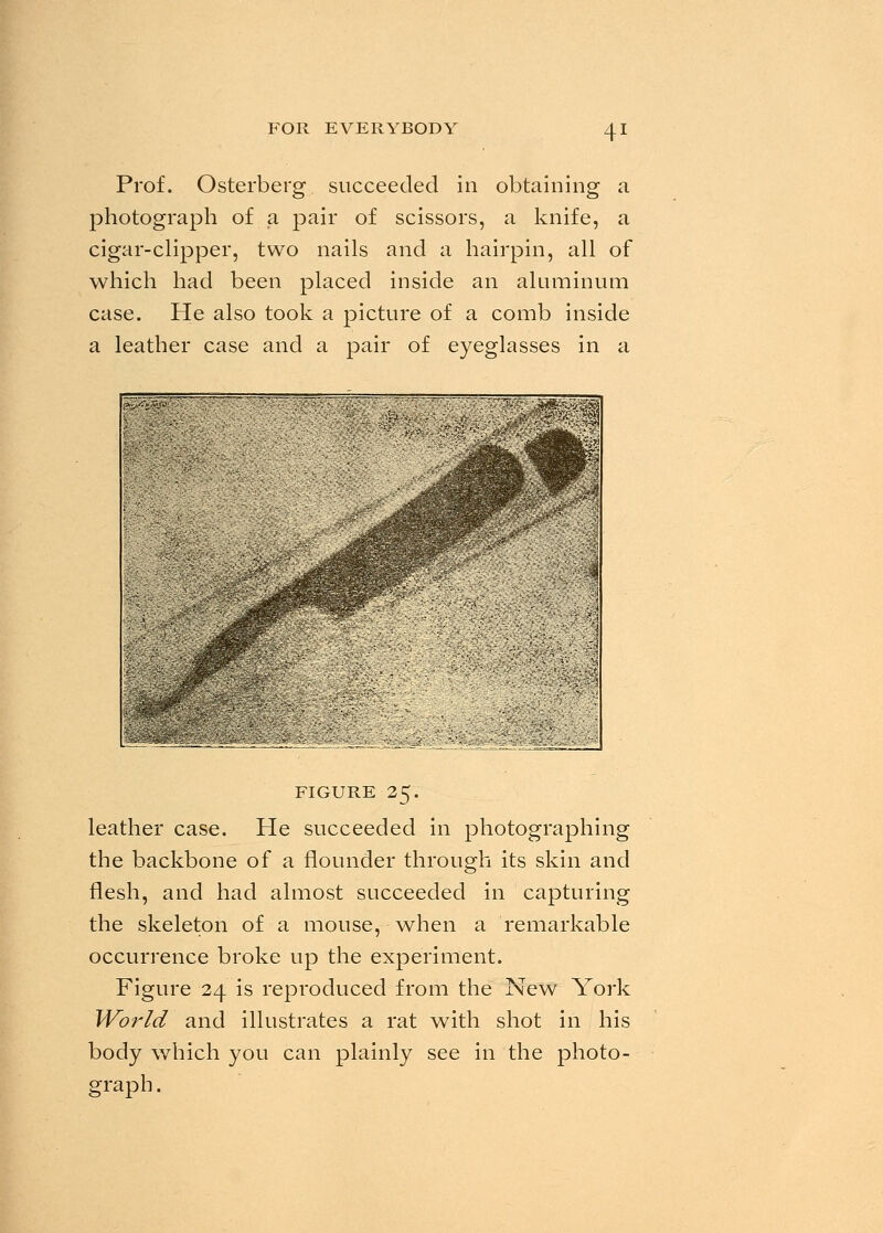 Prof. Osterberg succeeded in obtaining a photograph of a pair of scissors, a knife, a cigar-clipper, two nails and a hairpin, all of which had been placed inside an aluminum case. He also took a picture of a comb inside a leather case and a pair of eyeglasses in a ■:.:,:,:. im§-: FIGURE 25. leather case. He succeeded in photographing the backbone of a flounder through its skin and flesh, and had almost succeeded in capturing the skeleton of a mouse, when a remarkable occurrence broke up the experiment. Figure 24 is reproduced from the New York World and illustrates a rat with shot in his body which you can plainly see in the photo- graph.