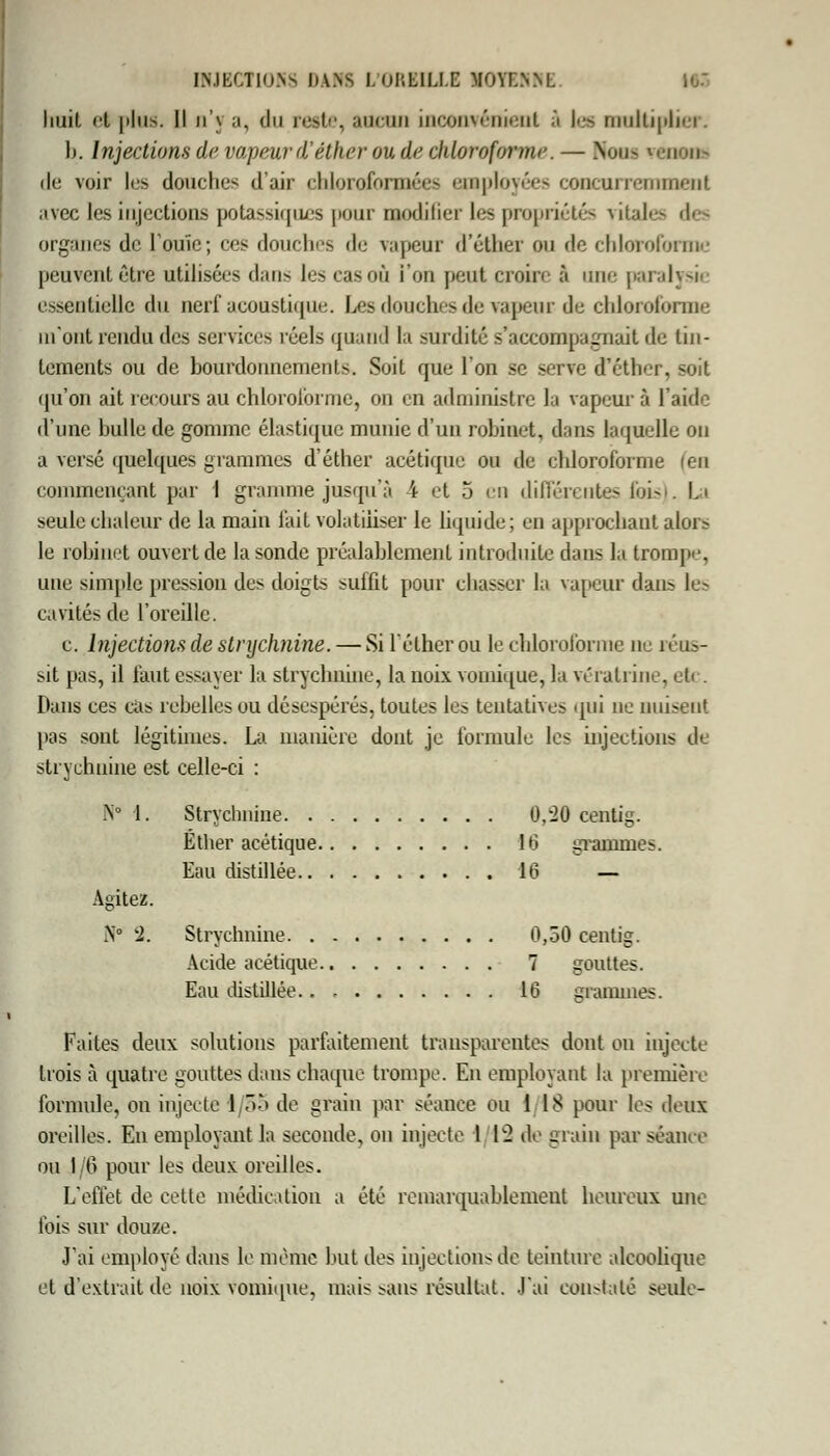 huit et plus. Il n'\ a, du reste, aucun inconvénient â les multiplia 1j. Injections de vapeur d'étherou de chloroforme. — Non- rémai de voir les douches d'air chloroformée- employées concurremment avec les injections potassiques pour modifier les propriétés vitales des organes de l'ouïe; ces douches de vapeur d'éther ou de chloroforme peuvent être utilisées dans les cas où l'on peut croire à une parai essentielle du nerf acoustique. Les douches de vapeur de chloroforme m'ont rendu des services réels quand la surdité s'accompagnait de tin- tements ou de bourdonnements. Soit que l'on se serve d'éther, soit qu'on ait recours au chloroforme, on en administre la vapeur à l'aide d'une bulle de gomme élastique munie d'un robinet, dans laquelle on a versé quelques grammes d'éther acétique ou de chloroforme fen commençant par I gramme jusqu'à 4 et o en différentes fois). La seule chaleur de la main fait volatiliser le liquide; en approchant alors le robinet ouvert de la sonde préalablement introduite dans la trompe, une simple pression de> doigts suffit pour chasser la vapeur dan? les cavités de l'oreille. c. Injections de strychnine. — Si l'élher ou le chloroforme ne réus- sit pas, il faut essayer la strychnine, la noix vomique, la vératrine, etc. Dans ces cas rebelles ou désespérés, toutes le? tentatives qui ne cuisent pas sont légitimes. La manière dont je formule les injections de strychnine est celle-ci : N° 1. Strychnine 0,L20 centig. Ether acétique 16 grammes. Eau distillée 16 — Agitez. N° '2. Strychnine 0,50 centig. Acide acétique 7 gouttes. Eau distillée 16 grammes. Faites deux solutions parfaitement transparentes dont on injecte trois à quatre gouttes dans chaque trompe. En employant la première formule, on injecte 1 55 de grain par séance ou 1 18 pour les deux oreilles. En employant la seconde, on injecte l [2 de grain par séance ou 1/6 pour les deux oreilles. L'effet de cette médication a été remarquablement heureux une lois sur douze. J'ai employé dans le même but des injections de teinture alcoolique et d'extrait de noix vomique, mais sans résultat. J'ai constaté seule-