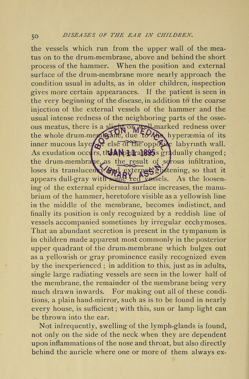 the vessels which run from the upper wall of the mea- tus on to the drum-membrane, above and behind the short process of the hammer. When the position and external surface of the drum-membrane more nearly approach the condition usual in adults, as in older children, inspection gives more certain appearances. If the patient is seen in the very beginning of the disease, in addition to the coarse injection of the external vessels of the hammer and the usual intense redness of the neighboring parts of the osse- ous meatus, there is a sjig^tc^iijr^ö^marked redness over the whole drum-mejrfs5£ane, due iCT^^wk hyperasmia of its inner mucous layei^T else^r^'ffie'oppo^wSie labyrinth wall. As exudation occilrs, tftiA£^]fclra}$Q5is gradually changed; the drum-membraVe^s the result of serous infiltration, loses its translucenVy'^wi .exteoiafcJgU^tening, so that it appears dull-gray witnNom recT^j&gsels. As the loosen- ing of the external epidermal surface increases, the manu- brium of the hammer, heretofore visible as a yellowish line in the middle of the membrane, becomes indistinct, and finally its position is only recognized by a reddish line of vessels accompanied sometimes by irregular ecchymoses- That an abundant secretion is present in the tympanum is in children made apparent most commonly in the posterior upper quadrant of the drum-membrane which bulges out as a yellowish or gray prominence easily recognized even by the inexperienced ; in addition to this, just as in adults, single large radiating vessels are seen in the lower half of the membrane, the remainder of the membrane being very much drawn inwards. For making out all of these condi- tions, a plain hand-mirror, such as is to be found in nearly every house, is sufficient; with this, sun or lamp light can be thrown into the ear. Not infrequently, swelling of the lymph-glands is found, not only on the side of the neck when they are dependent upon inflammations of the nose and throat, but also directly behind the auricle where one or more of them always ex-