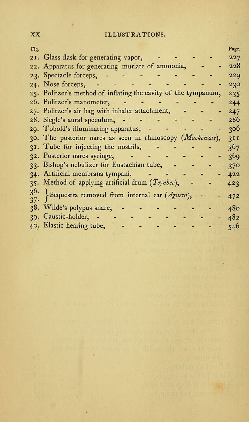 Fig. Page. 21. Glass flask for generating vapor, - 227 22. Apparatus for generating muriate of ammonia, - - 228 23. Spectacle forceps, ------- 229 24. Nose forceps, ____---- 230 25. Politzer's method of inflating the cavity of the tympanum, 235 26. Politzer's manometer, ------ 244 27. Politzer's air bag with inhaler attachment, - 247 28. Siegle's aural speculum, - - - - - - 286 29. Tobold's illuminating apparatus, - - - - - 306 30. The posterior nares as seen in rhinoscopy {Mackenzie), 311 31. Tube for injecting the nostrils, - - - - 367 32. Posterior nares syringe, ------ 369 33. Bishop's nebulizer for Eustachian tube, - 370 34. Artificial membrana tympani, ----- 422 35. Method of applying artificial drum (Toynbee), - - 423 ^ ' > Sequestra removed from internal ear (Agnew), - - 472 38. Wilde's polypus snare, 480 39. Caustic-holder, - - - - - - - -482 40. Elastic hearing tube, - 546