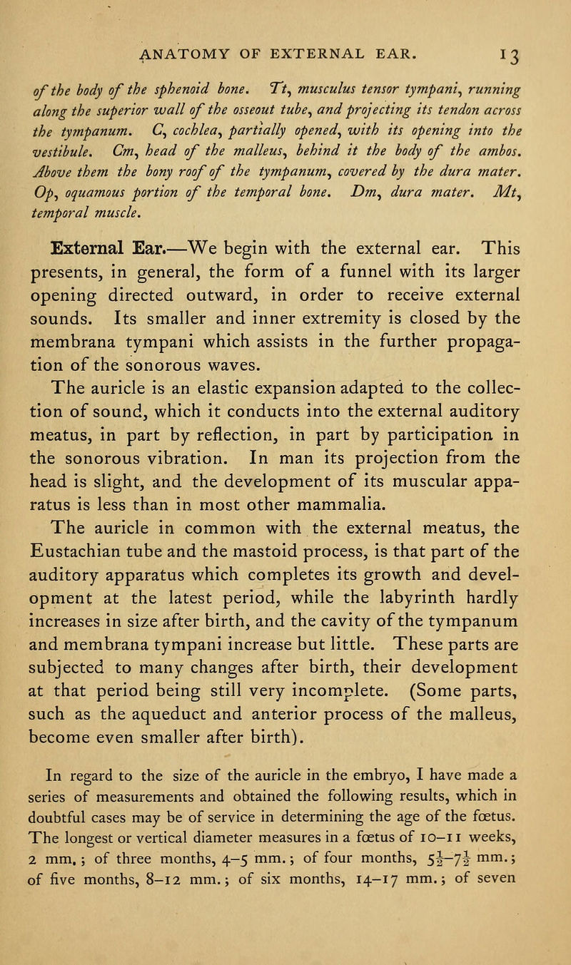 of the body of the sphenoid bone. Tt, musculus tensor tympani, running along the superior wall of the osseout tube, and projecting its tendon across the tympanum. C, cochlea, partially opened, with its opening into the vestibule. Cm, head of the malleus, behind it the body of the ambos. Above them the bony roof of the tympanum, covered by the dura mater. Op, oquamous portion of the temporal bone. Dm, dura mater. Mt, temporal muscle. External Ear.—We begin with the external ear. This presents, in general, the form of a funnel with its larger opening directed outward, in order to receive external sounds. Its smaller and inner extremity is closed by the membrana tympani which assists in the further propaga- tion of the sonorous waves. The auricle is an elastic expansion adapted to the collec- tion of sound, which it conducts into the external auditory meatus, in part by reflection, in part by participation in the sonorous vibration. In man its projection from the head is slight, and the development of its muscular appa- ratus is less than in most other mammalia. The auricle in common with the external meatus, the Eustachian tube and the mastoid process, is that part of the auditory apparatus which completes its growth and devel- opment at the latest period, while the labyrinth hardly increases in size after birth, and the cavity of the tympanum and membrana tympani increase but little. These parts are subjected to many changes after birth, their development at that period being still very incomplete. (Some parts, such as the aqueduct and anterior process of the malleus, become even smaller after birth). In regard to the size of the auricle in the embryo, I have made a series of measurements and obtained the following results, which in doubtful cases may be of service in determining the age of the foetus. The longest or vertical diameter measures in a foetus of 10-n weeks, 2 mm, ; of three months, 4-5 mm.; of four months, 5J-7I mm.; of five months, 8-12 mm.; of six months, 14-17 mm.; of seven