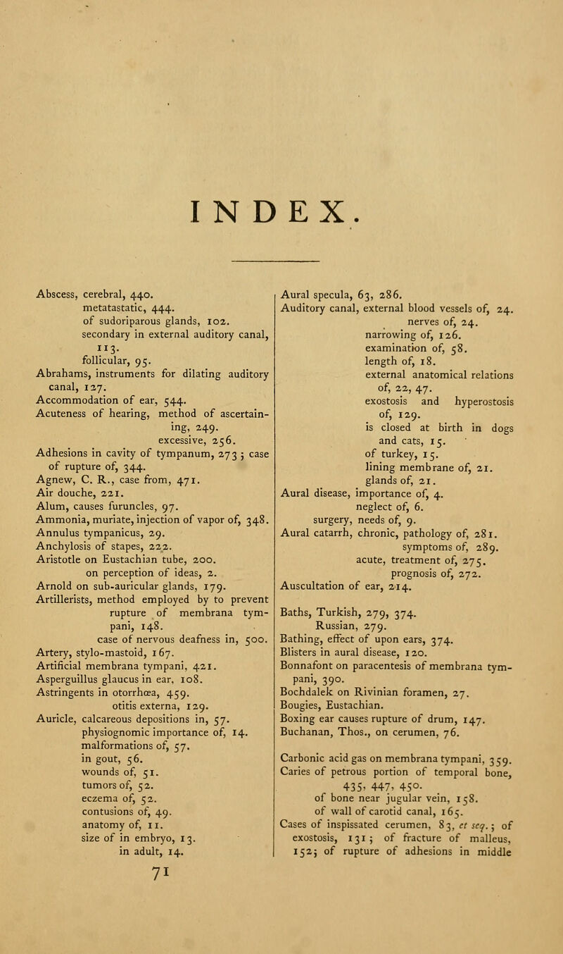 INDEX. Abscess, cerebral, 440. metatastatic, 444. of sudoriparous glands, 102. secondary in external auditory canal, 113. follicular, 95. Abrahams, instruments for dilating auditory canal, 127. Accommodation of ear, 544. Acuteness of hearing, method of ascertain- ing, 249. excessive, 256. Adhesions in cavity of tympanum, 273 ; case of rupture of, 344. Agnew, C. R., case from, 471. Air douche, 221. Alum, causes furuncles, 97. Ammonia, muriate, injection of vapor of, 348. Annulus tympanicus, 29. Anchylosis of stapes, 222. Aristotle on Eustachian tube, 200. on perception of ideas, 2. Arnold on sub-auricular glands, 179. Artillerists, method employed by to prevent rupture of membrana tym- pani, 148. case of nervous deafness in, 500. Artery, stylo-mastoid, I 67. Artificial membrana tympani, 421. Aspergillus glaucus in ear, 108. Astringents in otorrhcea, 459. otitis externa, 129. Auricle, calcareous depositions in, 57. physiognomic importance of, 14. malformations of, 57. in gout, 56. wounds of, 51. tumors of, 52. eczema of, 52. contusions of, 49. anatomy of, 11. size of in embryo, 13. in adult, 14. 71 Aural specula, 63, 286. Auditory canal, external blood vessels of, 24. nerves of, 24. narrowing of, 126. examination of, 58. length of, 18. external anatomical relations of, 22, 47. exostosis and hyperostosis of, 129. is closed at birth in dogs and cats, 15. of turkey, 15. lining membrane of, 21. glands of, 21. Aural disease, importance of, 4. neglect of, 6. surgery, needs of, 9. Aural catarrh, chronic, pathology of, 281. symptoms of, 289. acute, treatment of, 275. prognosis of, 272. Auscultation of ear, 214. Baths, Turkish, 279, 374. Russian, 279. Bathing, effect of upon ears, 374. Blisters in aural disease, 120. Bonnafont on paracentesis of membrana tym- pani, 390. Bochdalek on Rivinian foramen, 27. Bougies, Eustachian. Boxing ear causes rupture of drum, 147. Buchanan, Thos., on cerumen, 76. Carbonic acid gas on membrana tympani, 359. Caries of petrous portion of temporal bone, 435' 447, 45°- of bone near jugular vein, 158. of wall of carotid canal, 165. Cases of inspissated cerumen, 83, ct scq.; of exostosis, 131 ; of fracture of malleus, 152; of rupture of adhesions in middle