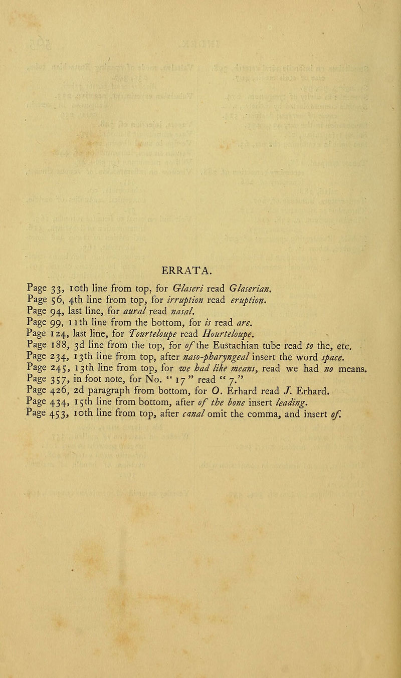 ERRATA. Page 33, 10th line from top, for Glaseri read Glaserian. Page 56, 4th line from top, for irruption read eruption. Page 94, last line, for aural read nasal. Page 99, 11th line from the bottom, for is read <zr<?. Page 124, last line, for Tourteloupe read Hourteloupe. Page 188, 3d line from the top, for oftiiz Eustachian tube read to the, etc. Page 234, 13th line from top, after naso-pbaryngeal insert the word space. Page 245, 13th line from top, for we had like means, read we had no means. Page 357, in foot note, for No.  17  read  7. Page 426, 2d paragraph from bottom, for O. Erhard read /. Erhard. Page 434, 15 th line from bottom, after of the bone insert leading. Page 453, 10th line from top, after canal omit the comma, and insert of.