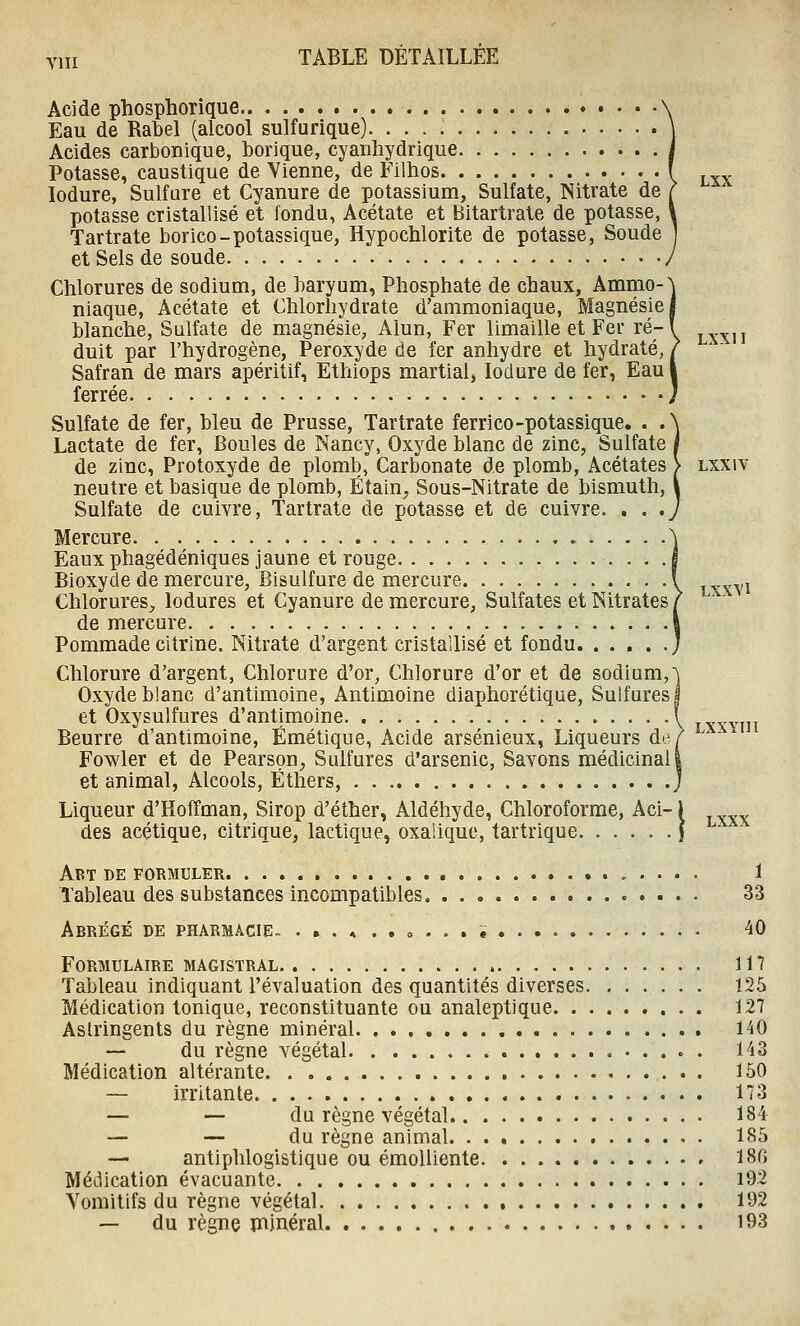 Acide phosphorique . • Eau de Rabel (alcool sulfurique). ... : Acides carbonique, borique, cyaiihydrique Potasse, caustique de Vienne, de Filhos . , „ lodure, Sulfare et Cyanure de potassium, Sulfate, Nitrate de potasse cristallisé et fondu, Acétate et Bitartrate de potasse, Tartrate borico-potassique, Hypochlorite de potasse, Soude et Sels de soude Chlorures de sodium, de baryum, Phosphate de chaux. Ammo- niaque, Acétate et Chlorhydrate d'ammoniaque. Magnésie, blanche, Sulfate de magnésie, Alun, Fer limaille et Fer ré-, j^^-^,j duit par l'hydrogène, Peroxyde de fer anhydre et hydraté, ' Safran de mars apéritif, Ethiops martial, lodure de fer, Eau ferrée. . . . Sulfate de fer, bleu de Prusse, Tartrate ferrico-potassique. Lactate de fer, Boules de Nancy, Oxyde blanc de zinc, Sulfate de zinc, Protoxyde de plomb, Carbonate de plomb, Acétates > lxxiv neutre et basique de plomb, ÉtalU;, Sous-Nitrate de bismuth, Sulfate de cuivre, Tartrate de potasse et de cuivre. . Mercure Eauxphagédéniques jaune et rouge . Bioxyde de mercure, Bisulfure de mercure lxxvi Chlorures, lodures et Cyanure de mercure, Sulfates et Nitrates, de mercure Pommade ciîrine. Nitrate d'argent cristallisé et fondu Chlorure d'argent, Chlorure d'or, Chlorure d'or et de sodium, Oxyde blanc d'antimoine, Antimoine diaphorétique, Sulfures j et Oxysulfures d'antimoine l tyxyiii Beurre d'antimoine, Émétique, Acide arsénieux, Liqueurs à^w Fowler et de Pearson^ Sulfures d'arsenic, Savons médicinal j et animal, Alcools, Éthers, Liqueur d'Hoffman, Sirop d'éther, Aldéhyde, Chloroforme, Aci-1 des acétique, citrique, lactique, oxalique, tartrique | Abt de formuler , . . . . 1 Tableau des substances incompatibles 33 Abrégé de pharmacie^ .•.«..»...• 40 Formulaire magistral 117 Tableau indiquant l'évaluation des quantités diverses î25 Médication tonique, reconstituante ou analeptique 127 Astringents du règne minéral l-iO — du règne végétal 143 Médication altérante 150 — irritante 173 — — du règne végétal 184 — — du règne animal 185 — antiphlogistique ou émoUiente 186 Médication évacuante 192 Vomitifs du règne végétal 192 — du règne minéral 193