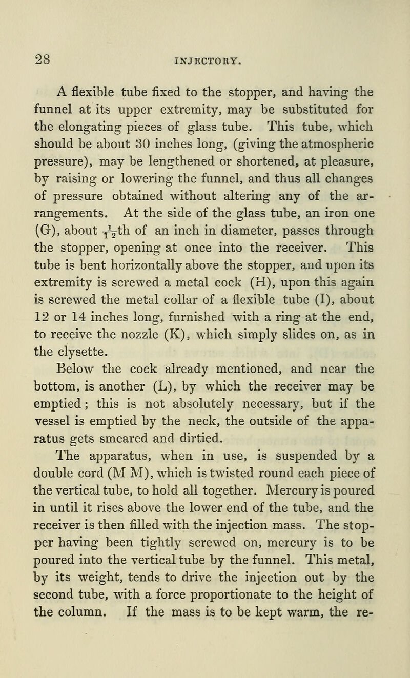 A flexible tube fixed to the stopper, and having the funnel at its upper extremity, may be substituted for the elongating pieces of glass tube. This tube, which should be about 30 inches long, (giving the atmospheric pressure), may be lengthened or shortened, at pleasure, by raising or lowering the funnel, and thus all changes of pressure obtained without altering any of the ar- rangements. At the side of the glass tube, an iron one (G), about yV^^ ^f ^^ i^^ i^ diameter, passes through the stopper, opening at once into the receiver. This tube is bent horizontally above the stopper, and upon its extremity is screwed a metal cock (H), upon this again is screwed the metal collar of a flexible tube (I), about 12 or 14 inches long, furnished with a ring at the end, to receive the nozzle (K), which simply slides on, as in the clysette. Below the cock already mentioned, and near the bottom, is another (L), by which the receiver may be emptied; this is not absolutely necessary, but if the vessel is emptied by the neck, the outside of the appa- ratus gets smeared and dirtied. The apparatus, when in use, is suspended by a double cord (M M), which is twisted round each piece of the vertical tube, to hold all together. Mercury is poured in until it rises above the lower end of the tube, and the receiver is then filled with the injection mass. The stop- per having been tightly screwed on, mercury is to be poured into the vertical tube by the funnel. This metal, by its weight, tends to drive the injection out by the second tube, with a force proportionate to the height of the column. If the mass is to be kept warm, the re-