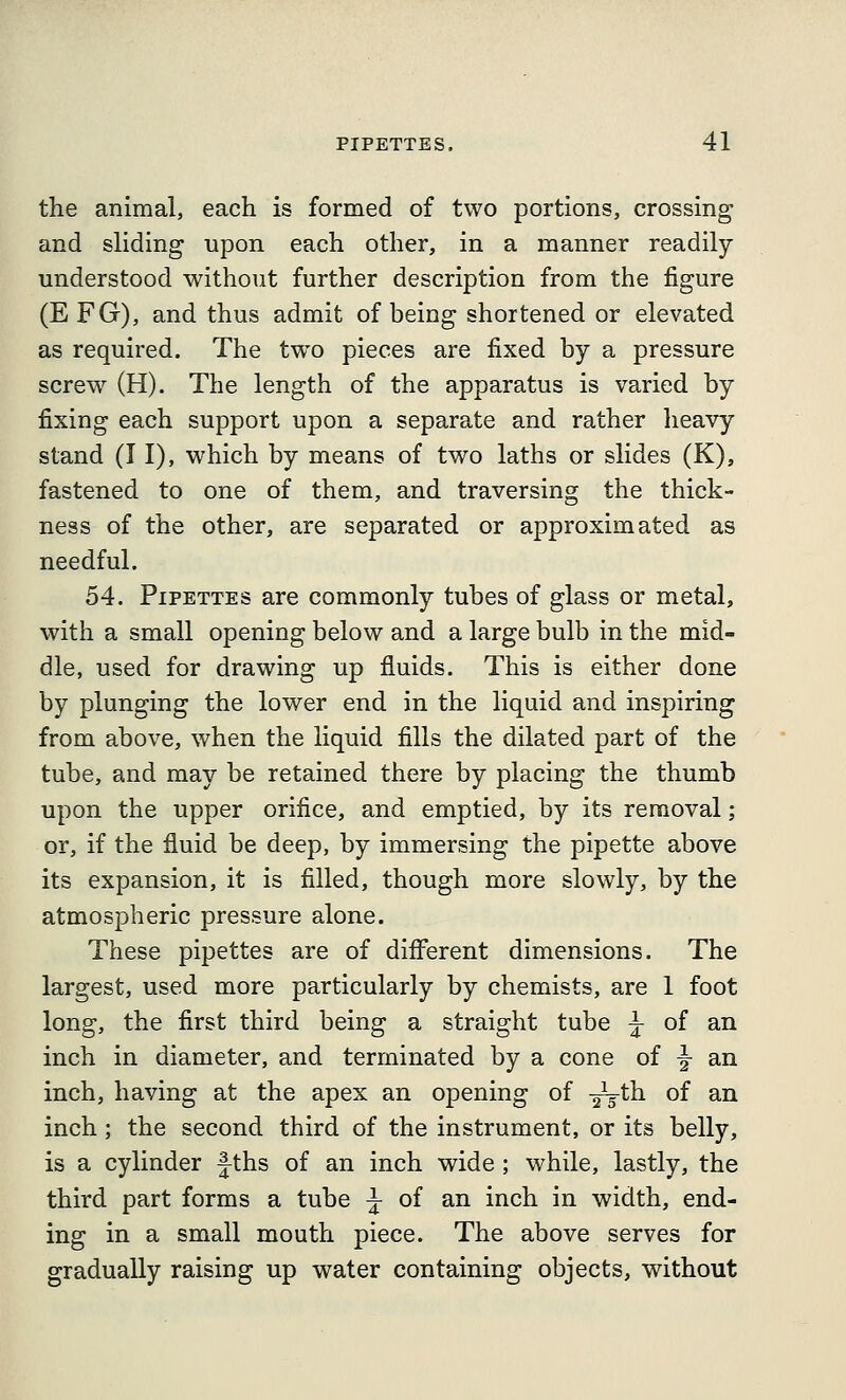 the animal, each is formed of two portions, crossing and sliding upon each other, in a manner readily understood without further description from the figure (EFG), and thus admit of being shortened or elevated as required. The two pieces are fixed by a pressure screw (H). The length of the apparatus is varied by fixing each support upon a separate and rather heavy stand (I I), which by means of two laths or slides (K), fastened to one of them, and traversing the thick- ness of the other, are separated or approximated as needful. 54. Pipettes are commonly tubes of glass or metal, with a small opening below and a large bulb in the mid- dle, used for drawing up fluids. This is either done by plunging the lower end in the liquid and inspiring from above, when the liquid fills the dilated part of the tube, and may be retained there by placing the thumb upon the upper orifice, and emptied, by its removal; or, if the fluid be deep, by immersing the pipette above its expansion, it is filled, though more slowly, by the atmospheric pressure alone. These pipettes are of difiPerent dimensions. The largest, used more particularly by chemists, are 1 foot long, the first third being a straight tube \ of an inch in diameter, and terminated by a cone of |- an inch, having at the apex an opening of aV^^ of an inch; the second third of the instrument, or its belly, is a cylinder |^ths of an inch wide ; while, lastly, the third part forms a tube ^ of an inch in width, end- ing in a small mouth piece. The above serves for gradually raising up water containing objects, without