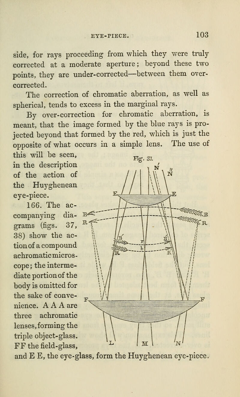 EYE-PIECE. 10^ side, for rays proceeding from which they were truly corrected at a moderate aperture; beyond these two points, they are under-corrected—between them over- corrected. The correction of chromatic aberration, as well as spherical, tends to excess in the marginal rays. By over-correction for chromatic aberration, is meant, that the image formed by the blue rays is pro- jected beyond that formed by the red, which is just the opposite of what occurs in a simple lens. The use of this will be seen, in the description of the action of the Huyghenean eye-piece. 166. The ac- companying dia- grams (figs. 37, 38) show the ac- tion of a compound achromatic micros- cope ; the interme- diate portion of the body is omitted for the sake of conve- nience. AAAare three achromatic lenses, forming the triple object-glass. FF the field-glass, and E E, the eye-glass, form the Huyghenean eye-piece.