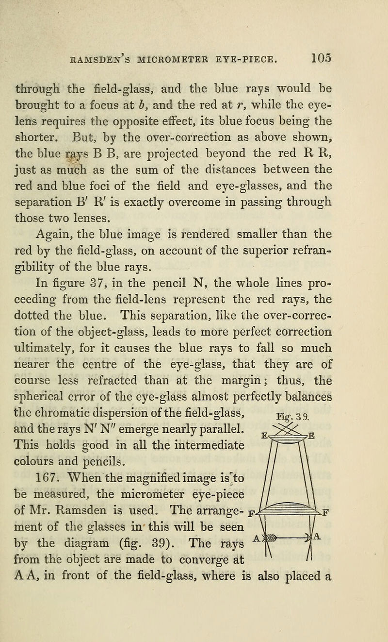 through the field-glass, and the blue rays would be brought to a focus at h, and the red at r, while the eye- lens requires the opposite effect, its blue focus being the shorter. But, by the over-correction as above shown, the blue rays B B, are projected beyond the red R R, just as much as the sum of the distances between the red and blue foci of the field and eye-glasses, and the separation B' R' is exactly overcome in passing through those two lenses. Again, the blue image is rendered smaller than the red by the field-glass, on account of the superior refran- gibility of the blue rays. In figure 37, in the pencil N, the whole lines pro- ceeding from the field-lens represent the red rays, the dotted the blue. This separation, like the over-correc- tion of the object-glass, leads to more perfect correction ultimately, for it causes the blue rays to fall so much nearer the centre of the eye-glass, that they are of course less refracted than at the margin; thus, the spherical error of the eye-glass almost perfectly balances the chromatic dispersion of the field-glass, jjg, 3 9 and the rays N' N emerge nearly parallel. This holds good in all the intermediate colours and pencils. 167. When the magnified image is'to be measured, the micrometer eye-piece of Mr. Ramsden is used. The arrange- p^ ment of the glasses in this will be seen by the diagram (fig. 39). The rays from the object are made to converge at A A, in front of the field-glass, where is also placed a