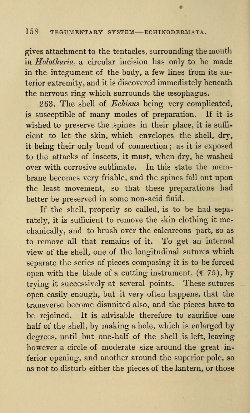 gives attachment to the tentacles, surrounding the mouth in Holothuria, a circular incision has only to be made in the integument of the body, a few Hues from its an- terior extremity, and it is discovered immediately beneath the nervous ring which surrounds the oesophagus. 263. The shell of Echinus being very complicated, is susceptible of many modes of preparation. If it is wished to preserve the spines in their place, it is suffi- cient to let the skin, which envelopes the shell, dry, it being their only bond of connection; as it is exposed to the attacks of insects, it must, when dry, be washed over with corrosive sublimate. In this state the mem- brane becomes very friable, and the spines fall out upon the least movement, so that these preparations had better be preserved in some non-acid fluid. If the shell, properly so called, is to be had sepa- rately, it is sufficient to remove the skin clothing it me- chanically, and to brush over the calcareous part, so as to remove all that remains of it. To get an internal view of the shell, one of the longitudinal sutures which separate the series of pieces composing it is to be forced open with the blade of a cutting instrument, {% 75), by trying it successively at several points. These sutures open easily enough, but it very often happens, that the transverse become disunited also, and the pieces have to be rejoined. It is advisable therefore to sacrifice one half of the shell, by making a hole, which is enlarged by degrees, until but one-half of the shell is left, leaving however a circle of moderate size around the great in- ferior opening, and another around the superior pole, so as not to disturb either the pieces of the lantern, or those