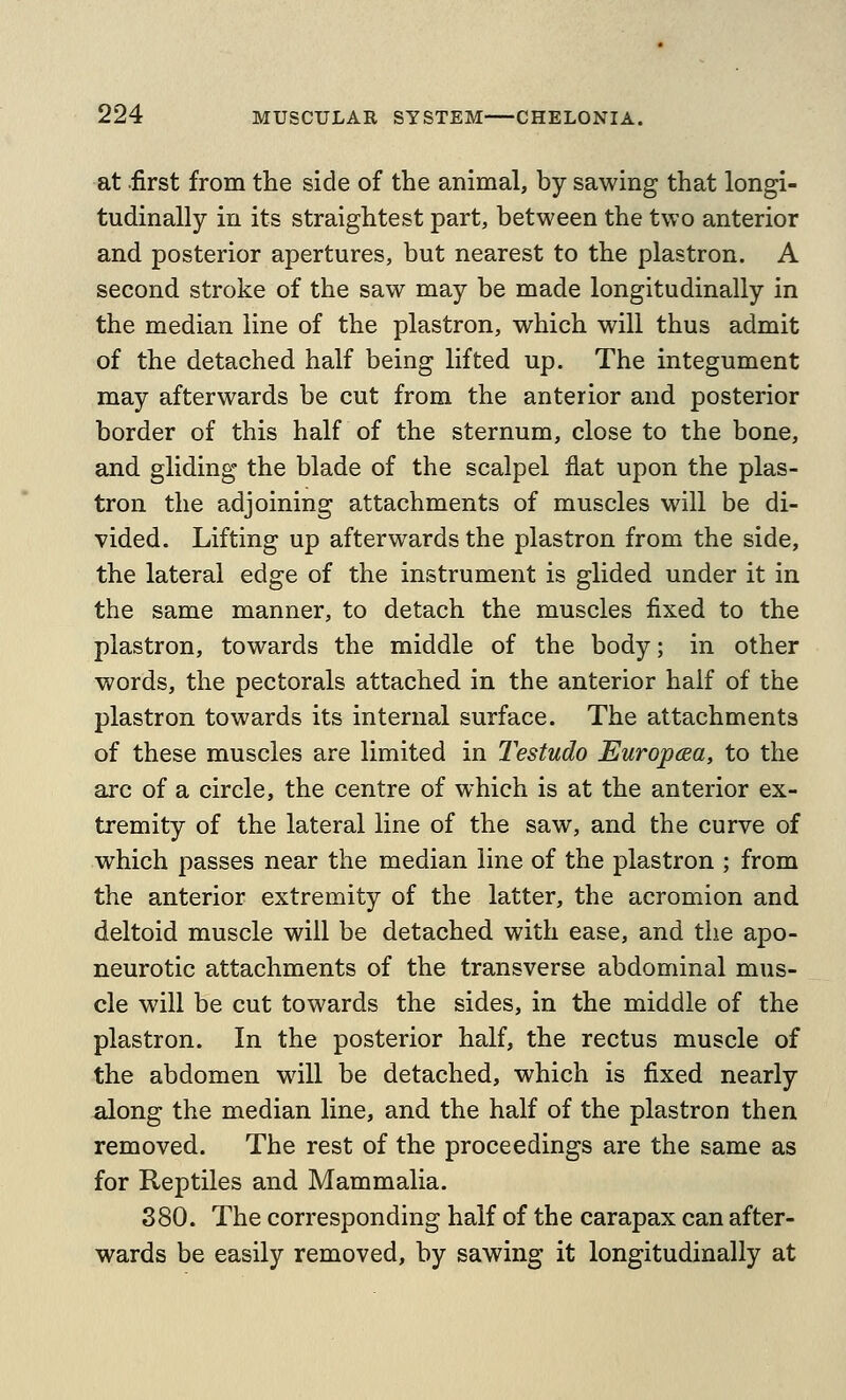 at .first from the side of the animal, by sawing that longi- tudinally in its straightest part, between the two anterior and posterior apertures, but nearest to the plastron. A second stroke of the saw may be made longitudinally in the median line of the plastron, which will thus admit of the detached half being lifted up. The integument may afterwards be cut from the anterior and posterior border of this half of the sternum, close to the bone, and gliding the blade of the scalpel flat upon the plas- tron the adjoining attachments of muscles will be di- vided. Lifting up afterwards the plastron from the side, the lateral edge of the instrument is glided under it in the same manner, to detach the muscles fixed to the plastron, towards the middle of the body; in other words, the pectorals attached in the anterior half of the plastron towards its internal surface. The attachments of these muscles are limited in T'estudo Europcea, to the arc of a circle, the centre of which is at the anterior ex- tremity of the lateral line of the saw, and the curve of which passes near the median line of the plastron ; from the anterior extremity of the latter, the acromion and deltoid muscle will be detached with ease, and the apo- neurotic attachments of the transverse abdominal mus- cle will be cut towards the sides, in the middle of the plastron. In the posterior half, the rectus muscle of the abdomen will be detached, which is fixed nearly along the median line, and the half of the plastron then removed. The rest of the proceedings are the same as for Reptiles and Mammalia. 380. The corresponding half of the carapax can after- wards be easily removed, by sawing it longitudinally at