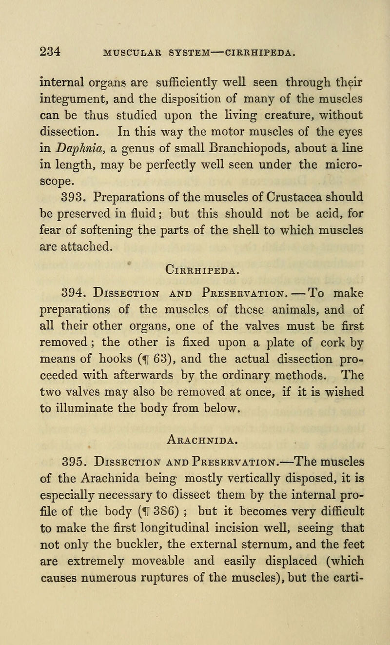 internal organs are sufficiently weU seen through their integument, and the disposition of many of the muscles can be thus studied upon the living creature, without dissection. In this way the motor muscles of the eyes in Daphnia, a genus of small Branchiopods, about a line in length, may be perfectly well seen under the micro- scope. 393. Preparations of the muscles of Crustacea should be preserved in fluid; but this should not be acid, for fear of softening the parts of the shell to which muscles are attached. CiRRHIPEDA. 394. Dissection and Preservation.—To make preparations of the muscles of these animals, and of all their other organs, one of the valves must be first removed; the other is fixed upon a plate of cork by means of hooks (^ 63), and the actual dissection pro- ceeded with afterwards by the ordinary methods. The two valves may also be removed at once, if it is wished to illuminate the body from below. Arachnida. 395. Dissection and Preservation.—The muscles of the Arachnida being mostly vertically disposed, it is especially necessary to dissect them by the internal pro- file of the body (^386) ; but it becomes very difficult to make the first longitudinal incision well, seeing that not only the buckler, the external sternum, and the feet are extremely moveable and easily displaced (which causes numerous ruptures of the muscles), but the carti-