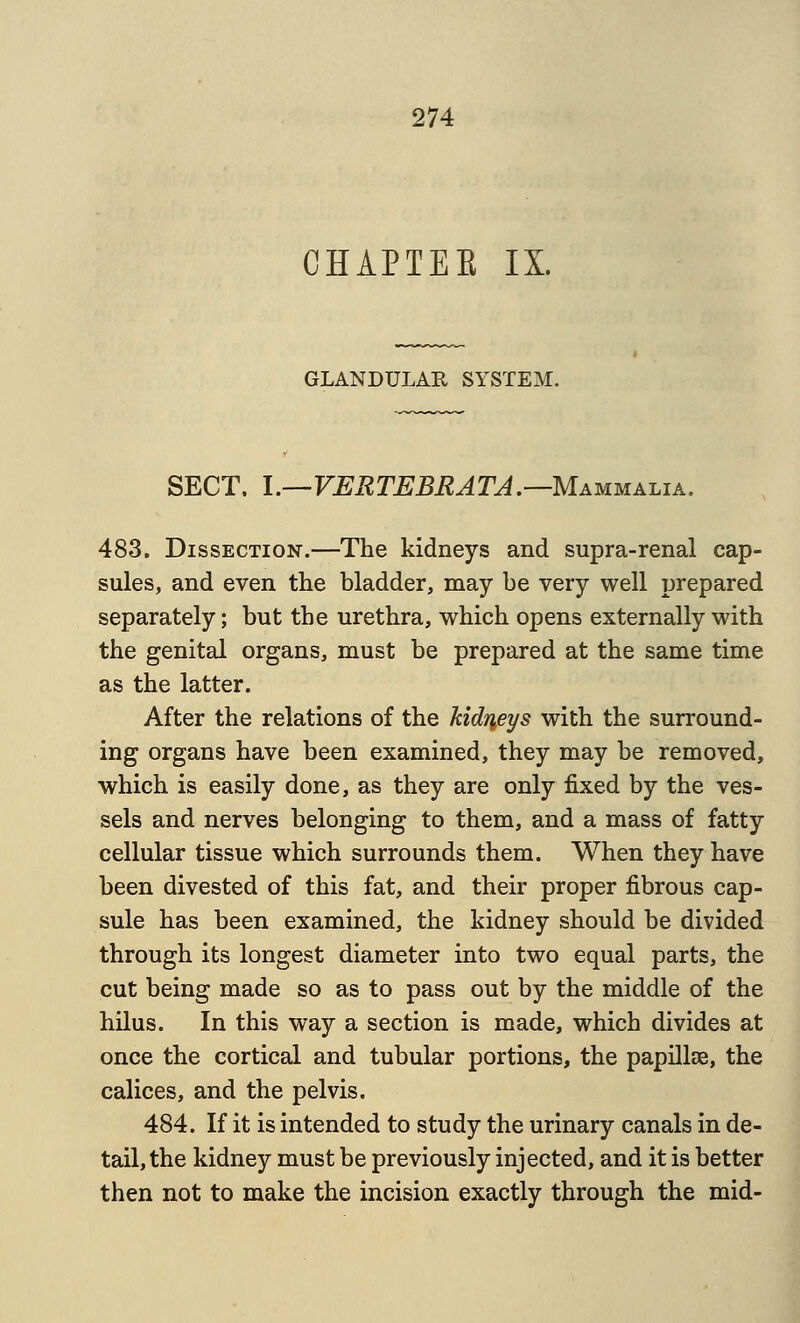 CHAPTEE IX. GLANDULAR SYSTEM. SECT. I.—VERTEBEATA.—Mammalia. 483. Dissection.—The kidneys and supra-renal cap- sules, and even the bladder, may be very well prepared separately; but the urethra, which opens externally with the genital organs, must be prepared at the same time as the latter. After the relations of the hidr^eys with the surround- ing organs have been examined, they may be removed, which is easily done, as they are only fixed by the ves- sels and nerves belonging to them, and a mass of fatty cellular tissue which surrounds them. When they have been divested of this fat, and their proper fibrous cap- sule has been examined, the kidney should be divided through its longest diameter into two equal parts, the cut being made so as to pass out by the middle of the hilus. In this way a section is made, which divides at once the cortical and tubular portions, the papillse, the calices, and the pelvis. 484. If it is intended to study the urinary canals in de- tail, the kidney must be previously injected, and it is better then not to make the incision exactly through the mid-