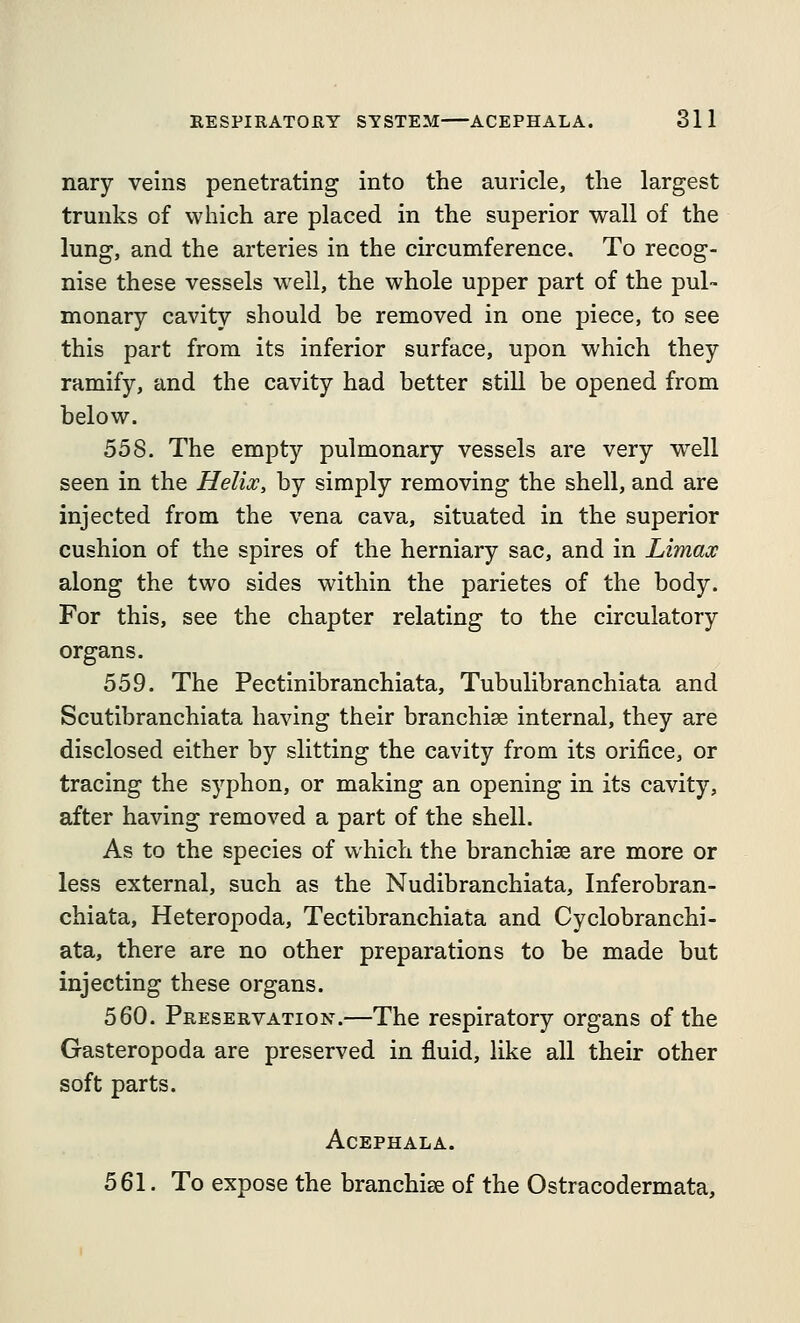 nary veins penetrating into the auricle, the largest trunks of which are placed in the superior wall of the lung, and the arteries in the circumference. To recog- nise these vessels well, the whole upper part of the pul- monary cavity should be removed in one piece, to see this part from its inferior surface, upon which they ramify, and the cavity had better still be opened from below. 558. The empty pulmonary vessels are very w^ell seen in the Helix, by simply removing the shell, and are injected from the vena cava, situated in the superior cushion of the spires of the herniary sac, and in Limax along the two sides within the parietes of the body. For this, see the chapter relating to the circulatory organs. 559. The Pectinibranchiata, Tubulibranchiata and Scutibranchiata having their branchiae internal, they are disclosed either by slitting the cavity from its orifice, or tracing the syphon, or making an opening in its cavity, after having removed a part of the shell. As to the species of which the branchiag are more or less external, such as the Nudibranchiata, Inferobran- chiata, Heteropoda, Tectibranchiata and Cyclobranchi- ata, there are no other preparations to be made but injecting these organs. 560. Preservation.—The respiratory organs of the Gasteropoda are preserved in fluid, like all their other soft parts. Acephala. 561. To expose the branchiae of the Ostracodermata,