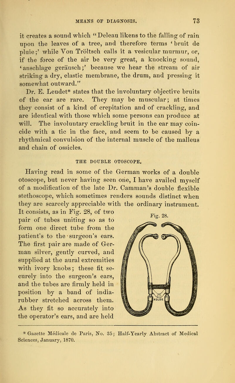 it creates a sound which Deleau likens to the falling of rain upon the leaves of a tree, and therefore terms ' bruit de pluie;' while Von Troltsch calls it a vesicular murmur, or, if the force of the air be very great, a knocking sound, 'anschlage gerausch;' because we hear the stream of air striking a dry, elastic membrane, the drum, and pressing it somewhat outward. Dr. E. Leudet* states that the involuntary objective bruits of the ear are rare. They may be muscular; at times they consist of a kind of crepitation and of crackling, and are identical with those which some persons can produce at will. The involuntary crackling bruit in the ear may coin- cide with a tic in the face, and seem to be caused by a rhythmical convulsion of the internal muscle of the malleus and chain of ossicles. Fig. 28. THE DOUBLE OTOSCOPE. Having read in some of the German works of a double otoscope, but never having seen one, I have availed myself of a modification of the late Dr. Camman's double flexible stethoscope, which sometimes renders sounds distinct when they are scarcely appreciable with the ordinary instrument. It consists, as in Fig. 28, of two pair of tubes uniting so as to form one direct tube from the patient's to the-surgeon's ears. The first pair are made of Ger- man silver, gently curved, and supplied at the aural extremities with ivory knobs; these fit se- curely into the surgeon's ears, and the tubes are firmly held in position by a band of india- rubber stretched across them. As they fit so accurately into the operator's ears, and are held * Gazette Medicale de Paris, No. 35; Half-Yearly Abstract of Medical Sciences, January, 1870.