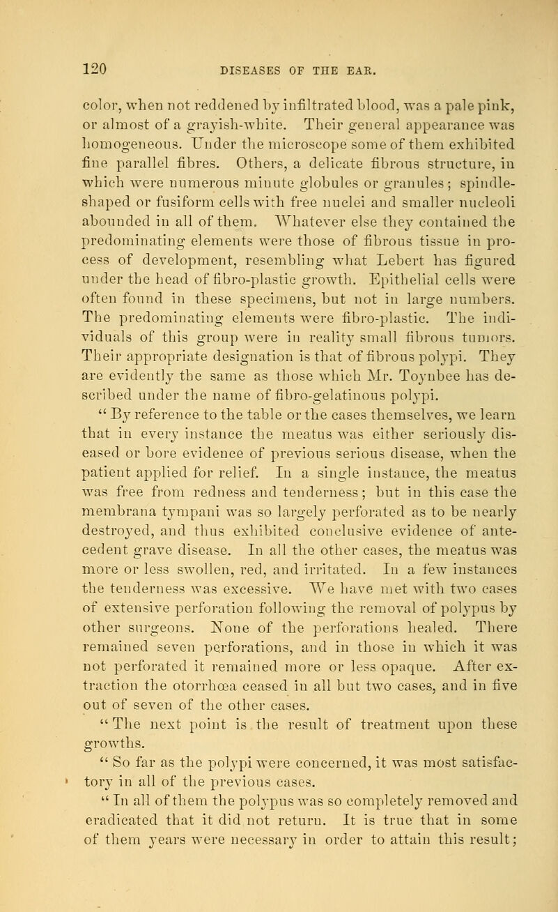 color, when not reddened by infiltrated blood, was a pale pink, or almost of a grayish-white. Their general appearance was homogeneous. Under the microscope some of them exhibited fine parallel fibres. Others, a delicate fibrous structure, in which were numerous minute globules or granules ; spindle- shaped or fusiform cells with free nuclei and smaller nucleoli abounded in all of them. Whatever else they contained the predominating elements were those of fibrous tissue in pro- cess of development, resembling what Lebert has figured under the head of fibro-plastic growth. Epithelial cells were often found in these specimens, but not in large numbers. The predominating elements were fibro-plastic. The indi- viduals of this group were in reality small fibrous tumors. Their appropriate designation is that of fibrous polypi. They are evidently the same as those which Mr. Toynbee has de- scribed under the name of fibro-gelatinous polypi.  By reference to the table or the cases themselves, we learn that in every instance the meatus was either seriously dis- eased or bore evidence of previous serious disease, when the patient applied for relief. In a single instance, the meatus was free from redness and tenderness; but in this case the membrana tympani was so largely perforated as to be nearly destroyed, and thus exhibited conclusive evidence of ante- cedent grave disease. In all the other cases, the meatus was more or less swollen, red, and irritated. In a few instances the tenderness was excessive. We have met with two cases of extensive perforation following the removal of polypus by other surgeons. None of the perforations healed. There remained seven perforations, and in those in which it was not perforated it remained more or less opaque. After ex- traction the otorrhcea ceased in all but two cases, and in five out of seven of the other cases.  The next point is the result of treatment upon these growths.  So far as the polypi were concerned, it was most satisfac- tory in all of the previous cases.  In all of them the polypus was so completely removed and eradicated that it did not return. It is true that in some of them years were necessary in order to attain this result;