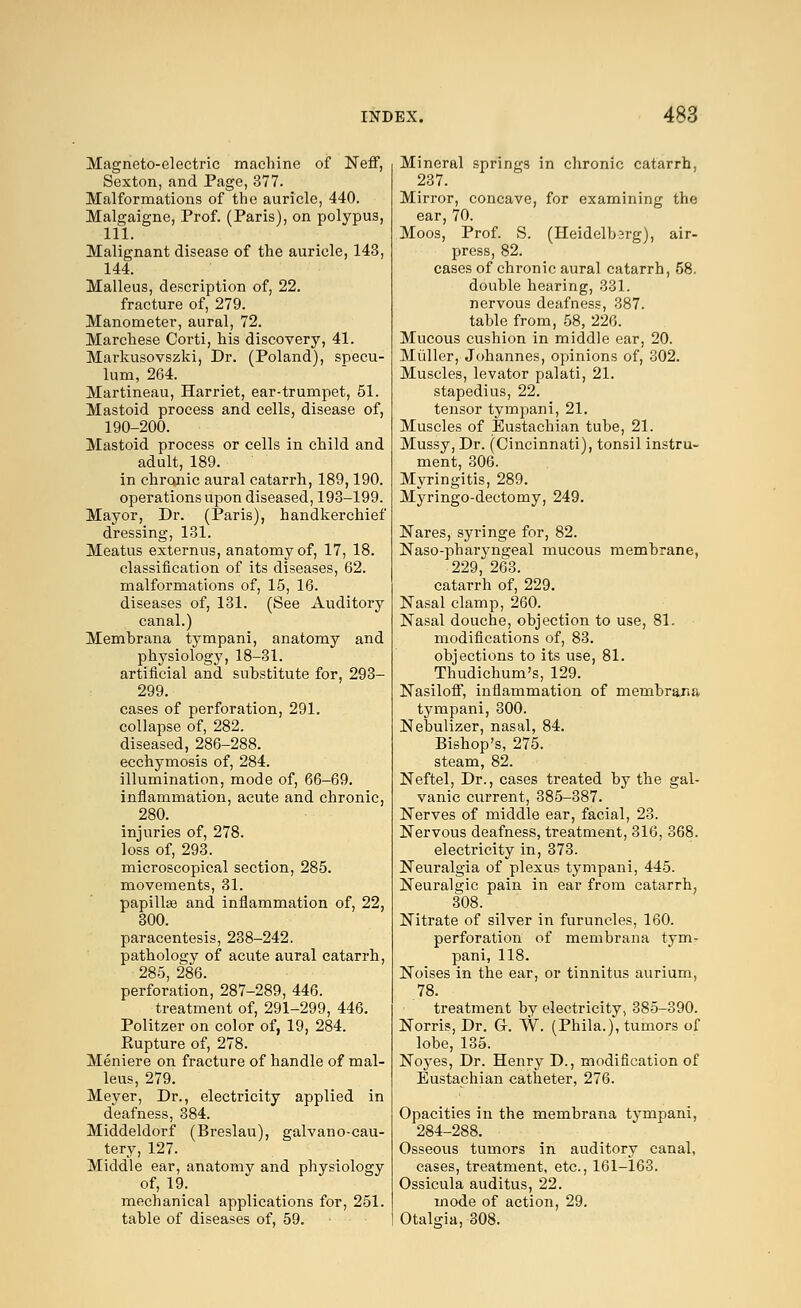 Magneto-electric machine of Neff, Sexton, and Page, 377. Malformations of the auricle, 440. Malgaigne, Prof. (Paris), on polypus, 111. Malignant disease of the auricle, 143, 144. Malleus, description of, 22. fracture of, 279. Manometer, aural, 72. Marchese Corti, his discovery, 41. Markusovszki, Dr. (Poland), specu- lum, 264. Martineau, Harriet, ear-trumpet, 51. Mastoid process and cells, disease of, 190-200. Mastoid process or cells in child and adult, 189. in chronic aural catarrh, 189,190. operations upon diseased, 193-199. Mayor, Dr. (Paris), handkerchief dressing, 131. Meatus externus, anatomy of, 17, 18. classification of its diseases, 62. malformations of, 15, 16. diseases of, 131. (See Auditory canal.) Membrana tympani, anatomy and physiology, 18-31. artificial and substitute for, 293- 299. cases of perforation, 291. collapse of, 282. diseased, 286-288. ecchymosis of, 284. illumination, mode of, 66-69. inflammation, acute and chronic, 280. injuries of, 278. loss of, 293, microscopical section, 285. movements, 31. papillae and inflammation of, 22, 300. paracentesis, 238-242. pathology of acute aural catarrh, 285, 286. perforation, 287-289, 446. treatment of, 291-299, 446. Politzer on color of, 19, 284. Eupture of, 278. Meniere on fracture of handle of mal- leus, 279. Meyer, Dr., electricity applied in deafness, 384. Middeldorf (Breslau), galvano-cau- tery, 127. Middle ear, anatomy and physiology of, 19. mechanical applications for, 251. table of diseases of, 59. Mineral springs in chronic catarrh, 237. Mirror, concave, for examining the ear, 70. Moos, Prof. S. (Heidelbsrg), air- press, 82. cases of chronic aural catarrh, 58. double hearing, 331. nervous deafness, 387. table from, 58, 226. Mucous cushion in middle ear, 20. Miiller, Johannes, opinions of, 302. Muscles, levator palati, 21. stapedius, 22. tensor tympani, 21. Muscles of Eustachian tube, 21. Mussy, Dr. (Cincinnati), tonsil instru- ment, 306. Myringitis, 289. Myringo-dectomy, 249. Nares, syringe for, 82. Naso-pharyn^eal mucous membrane, 229, 263. catarrh of, 229. Nasal clamp, 260. Nasal douche, objection to use, 81. modifications of, 83. objections to its use, 81. Thudichum's, 129. Nasiloff, inflammation of membrana tympani, 300. Nebulizer, nasal, 84. Bishop's, 275. steam, 82. Neftel, Dr., cases treated by the gal- vanic current, 385-387. Nerves of middle ear, facial, 23. Nervous deafness, treatment, 316, 368. electricity in, 373. Neuralgia of plexus tympani, 445. Neuralgic pain in ear from catarrh, 308. Nitrate of silver in furuncles, 160. perforation of membrana tym- pani, 118. Noises in the ear, or tinnitus aurium, 78. treatment by electricity, 385-390. Norris, Dr. G. W. (Phila.), tumors of lobe, 135. Noyes, Dr. Henry D., modification of Eustachian catheter, 276. Opacities in the membrana tympani, 284-288. Osseous tumors in auditory canal, cases, treatment, etc., 161-163. Ossicula auditus, 22. mode of action, 29. Otalgia, 308.