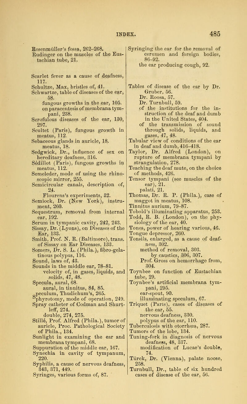 Kosenmiiller's fossa, 2G2-268. Eudinger on the muscles of the Eus- tachian tube, 21. Scarlet fever as a cause of deafness, 117. Schultze, Max, bristles of, 41. Schwartze, table of diseases of the ear, 58. fungous growths in the ear, 105. on paracentesis of membrana tym- pani, 238. Scrofulous diseases of the ear, 130, 297. Scultet (Paris), fungous growth in meatus, 112. Sebaceous glands in auricle, 18. meatus, 18. Sedgwick, Dr., influence of sex on hereditary deafness, 316. Sedillot (Paris), fungous growths in meatus, 112. Semeleder, mode of using the rhino- scopic mirror, 255. Semicircular canals, description of, 24. Plourens's experiments, 32. Semiock, Dr. (New York), instru- ment, 260. Sequestrum, removal from internal ear, 192. Serum in tympanic cavity, 242, 243. Sissay, Dr. (Lyons), on Diseases of the Ear, 133. Smith, Prof. N. E. (Baltimore), trans. of Sissay on Ear Diseases, 133. Somers, Dr. S. L. (Phila.), flbro-gela- tinous polypus, 116. Sound, laws of, 43. Sounds in the middle ear, 78-81. velocity of, in gases, liquids, and solids, 47, 48. Specula, aural, 68. aural, in tinnitus, 84, 85. peculum, Thudichum's, 265. bphyrotomy, mode of operation, 249. Spray catheter of Codman and Shurt- leff, 274. double, 274, 275. Stille, Prof. Alfred (Phila.), tumor of auricle, Proc. Pathological Society of Phila., 134. Sunlight in examining the ear and membrana tympani, 68. Suppuration of the middle ear, 167. Synechia in cavity of tympanum, 220. Syphilis, a cause of nervous deafness, 343, 371, 449. Syringes, various forms of, 87. Syringing the ear for the removal of cerumen and foreign bodies, 86-92. the ear producing cough, 92. Tables of disease of the ear by Dr. Gruber, 56. Dr. Eoosa, 57. Dr. Turnbull, 59. of the institutions for the in- struction of the deaf and dumb in the United States, 404. of the transmission of sound through solids, liquids, and gases, 47, 48. Tabular view of conditions of the ear in deaf and dumb, 416-418. Taylor, Dr. Alfred (London), on rupture of membrana tympani by strangulation, 278. Teaching the deaf mute, on the choice of methods, 426. Tensor tympani (see muscles of the ear), 21. palati, 21. Thomas, Dr. E. P. (Phila.), case of maggot in meatus, 108. Tinnitus aurium, 79-87. Tobold's illuminating apparatus, 253. Todd, E. B. (London), on the phy- siology of the ear, 40. Tones, power of hearing various, 46. Tongue depressor, 260. Tonsils, enlarged, as a cause of deaf- ness, 302. method of removal, 303. by caustics, 306, 307. Prof. Gross on hemorrhage from, 304. Toynbee on function of Eustachian tube, 29. Toynbee's artificial membrana tym- pani, 295. ear-spout, 90. illuminating speculum, 67. Triquet (Pans), cases of diseases of the ear, 55. nervous deafness, 330. polypus of the ear, 110. Tuberculosis with otorrhoea, 287. Tumors of the lobe, 134. Tuning-fork in diagnosis of nervous deafness, 48, 337. modification of Lucae's double, 74. Tiirck, Dr. (Vienna), palate noose, 258. Turnbull, Dr., table of six hundred cases of disease of the ear, 56.