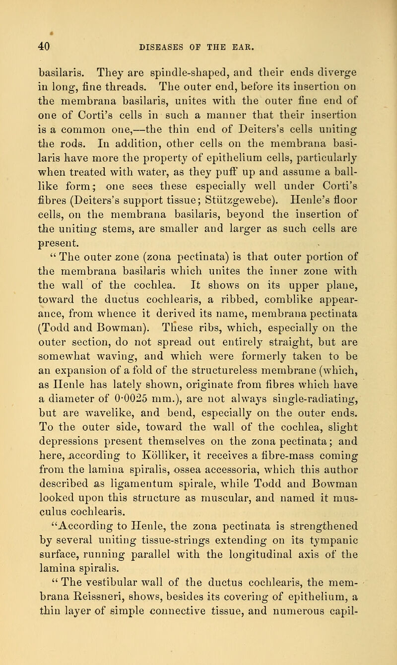 basilaris. They are spindle-shaped, and their ends diverge in long, fine threads. The outer end, before its insertion on the membrana basilaris, unites with the outer fine end of one of Corti's cells in such a maimer that their insertion is a common one,—the thin end of Deiters's cells uniting the rods. In addition, other cells on the membrana basi- laris have more the property of epithelium cells, particularly when treated with water, as they puff up and assume a ball- like form; one sees these especially well under Corti's fibres (Deiters's support tissue; Stiitzgewebe). Henle's floor cells, on the membrana basilaris, beyond the insertion of the uniting stems, are smaller and larger as such cells are present.  The outer zone (zona pectinata) is that outer portion of the membrana basilaris which unites the inner zone with the wall of the cochlea. It shows on its upper plane, toward the ductus cochlearis, a ribbed, comblike appear- ance, from whence it derived its name, membrana pectinata (Todd and Bowman). These ribs, which, especially on the outer section, do not spread out entirely straight, but are somewhat waving, and which were formerly taken to be an expansion of a fold of the structureless membrane (which, as Ilenle has lately shown, originate from fibres which have a diameter of 0-0025 mm.), are not always single-radiating, but are wavelike, and bend, especially on the outer ends. To the outer side, toward the wall of the cochlea, slight depressions present themselves on the zona pectinata; and here, according to Kolliker, it receives a fibre-mass coming from the lamina spiralis, ossea accessoria, which this author described as ligamentum spirale, while Todd and Bowman looked upon this structure as muscular, and named it mus- culus cochlearis. According to Henle, the zona pectinata is strengthened by several uniting tissue-strings extending on its tympanic surface, running parallel with the longitudinal axis of the lamina spiralis.  The vestibular wall of the ductus cochlearis, the mem- brana Reissneri, shows, besides its covering of epithelium, a thin layer of simple connective tissue, and numerous capil-