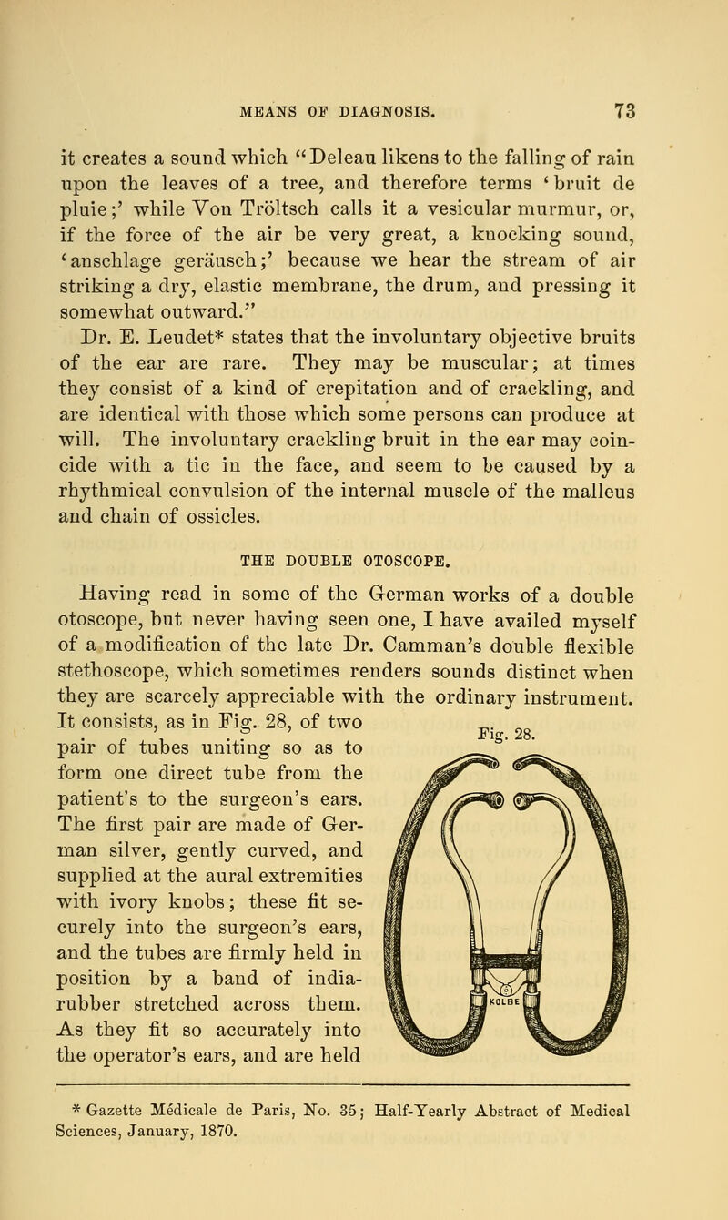 it creates a sound which Deleau likens to the falling of rain upon the leaves of a tree, and therefore terms ' bruit de pluie;' while Von Trbltsch calls it a vesicular murmur, or, if the force of the air be very great, a knocking sound, 'anschlage gerausch;' because we hear the stream of air striking a dry, elastic membrane, the drum, and pressing it somewhat outward. Dr. E. Leudet* states that the involuntary objective bruits of the ear are rare. They may be muscular; at times they consist of a kind of crepitation and of crackling, and are identical with those which some persons can produce at will. The involuntary crackling bruit in the ear may coin- cide with a tic in the face, and seem to be caused by a rhythmical convulsion of the internal muscle of the malleus and chain of ossicles. Pic. 28. THE DOUBLE OTOSCOPE. Having read in some of the German works of a double otoscope, but never having seen one, I have availed myself of a modification of the late Dr. Camman's double flexible stethoscope, which sometimes renders sounds distinct when they are scarcely appreciable with the ordinary instrument. It consists, as in Fig. 28, of two pair of tubes uniting so as to form one direct tube from the patient's to the surgeon's ears. The first pair are made of Ger- man silver, gently curved, and supplied at the aural extremities with ivory knobs; these fit se- curely into the surgeon's ears, and the tubes are firmly held in position by a band of india- rubber stretched across them. As they fit so accurately into the operator's ears, and are held * Gazette Medicale de Paris, No. 35; Half-Yearly Abstract of Medical Sciences, January, 1870.