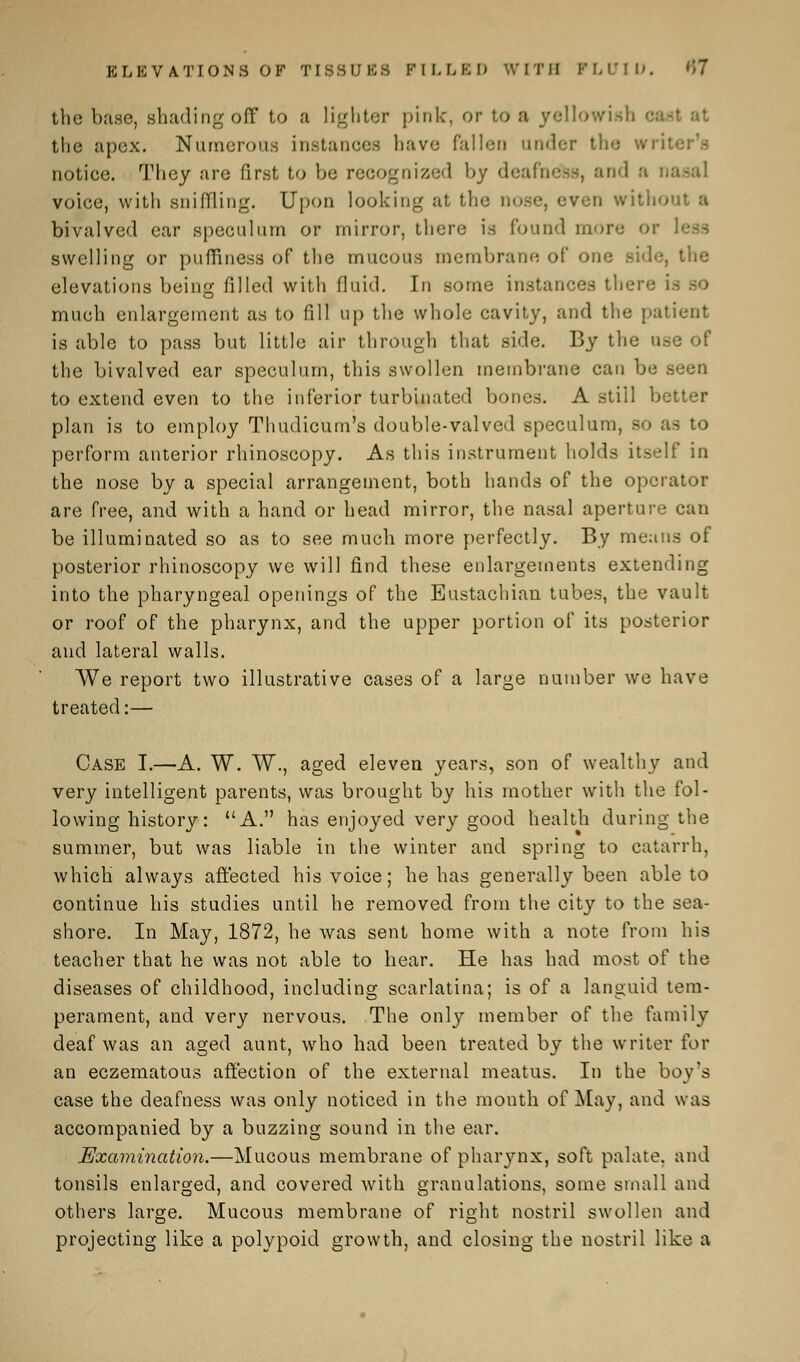 ELEVATIONS OP TISSUES PILLED 'Viril FLUID. 57 the base, shading off to a lighter pink, or to a yellowish oast at the apex. Numerous instances have fallen under the wrrito notice. They are first to be recognized by deafness, and a na voice, with sniffling. CTpon looking at the nose, even without a bivalved ear speculum or mirror, there is Pound more or swelling or puffiness of the mucous membrane of one Bide, the elevations being filled with fluid. In some instances there i- much enlargement as to fill up the whole cavity, and the patient is able to pass but little air through that side. By the use of the bivalved ear speculum, this swollen membrane can be >.>-<sn to extend even to the inferior turbinated bones. A still better plan is to employ Thudicum's double-valved speculum, so as to perform anterior rhinoscopy. As this instrument holds itself in the nose by a special arrangement, both hands of the operator are free, and with a hand or head mirror, the nasal aperture can be illuminated so as to see much more perfectly. By means of posterior rhinoscopy we will find these enlargements extending into the pharyngeal openings of the Eustachian tubes, the vault or roof of the pharynx, and the upper portion of its posterior and lateral walls. We report two illustrative cases of a large number we have treated:— Case I.—A. W. W., aged eleven years, son of wealthy and very intelligent parents, was brought by his mother with the fol- lowing history: A. has enjoyed very good health during the summer, but was liable in the winter and spring to catarrh, which always affected his voice; he has generally been able to continue his studies until he removed, from the city to the sea- shore. In May, 1872, he was sent home with a note from his teacher that he was not able to hear. He has had most of the diseases of childhood, including scarlatina; is of a languid tem- perament, and very nervous. The only member of the family deaf was an aged aunt, who had been treated by the writer for an eczematous affection of the external meatus. In the boy's case the deafness was only noticed in the month of May, and was accompanied by a buzzing sound in the ear. Examination.—Mucous membrane of pharynx, soft palate, and tonsils enlarged, and covered with granulations, some small and others large. Mucous membrane of right nostril swollen and projecting like a polypoid growth, and. closing the nostril like a
