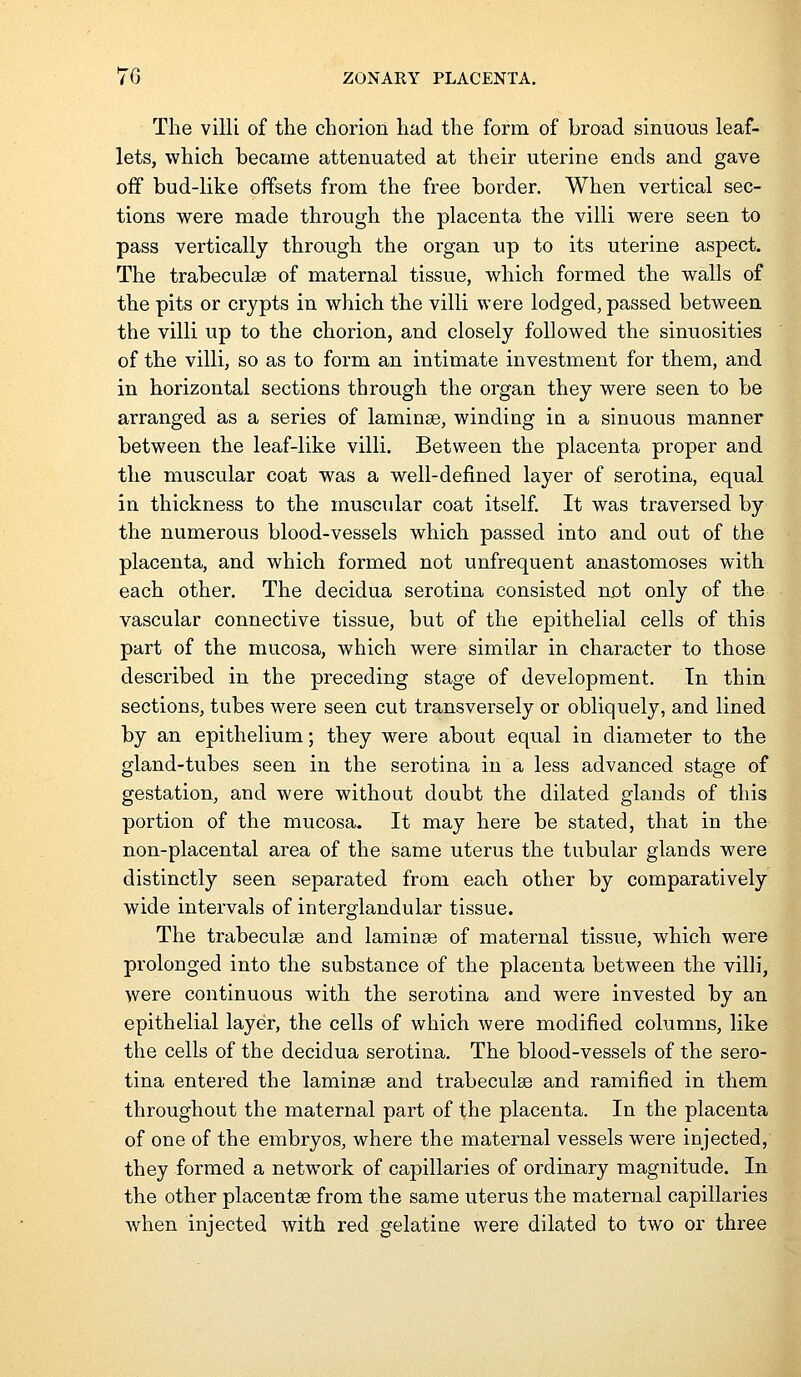 The villi of the chorion had the form of broad sinuous leaf- lets, which became attenuated at their uterine ends and gave off bud-like offsets from the free border. When vertical sec- tions were made through the placenta the villi were seen to pass vertically through the organ up to its uterine aspect. The trabeculse of maternal tissue, which formed the walls of the pits or crypts in which the villi were lodged, passed between the villi up to the chorion, and closely followed the sinuosities of the villi, so as to form an intimate investment for them, and in horizontal sections through the oi'gan they were seen to be arranged as a series of laminse, winding in a sinuous manner between the leaf-like villi. Between the placenta proper and the muscular coat was a well-defined layer of serotina, equal in thickness to the muscular coat itself. It was traversed by the numerous blood-vessels which passed into and out of the placenta, and which formed not unfrequent anastomoses with each other. The decidua serotina consisted not only of the vascular connective tissue, but of the epithelial cells of this part of the mucosa, which were similar in character to those described in the preceding stage of development. In thin sections, tubes were seen cut transversely or obliquely, and lined by an epithelium; they were about equal in diameter to the gland-tubes seen in the serotina in a less advanced stage of gestation, and were without doubt the dilated glands of this portion of the mucosa. It may here be stated, that in the non-placental area of the same uterus the tubular glands were distinctly seen separated from each other by comparatively wide intervals of interglandular tissue. The trabeculse and laminse of maternal tissue, which were prolonged into the substance of the placenta between the villi, were continuous with the serotina and were invested by an epithelial layer, the cells of which were modified columns, like the cells of the decidua serotina. The blood-vessels of the sero- tina entered the laminee and trabeculse and ramified in them throughout the maternal part of the placenta. In the placenta of one of the embryos, where the maternal vessels were injected, they formed a network of capillaries of ordinary magnitude. In the other placentae from the same uterus the maternal capillaries when injected with red gelatine were dilated to two or three