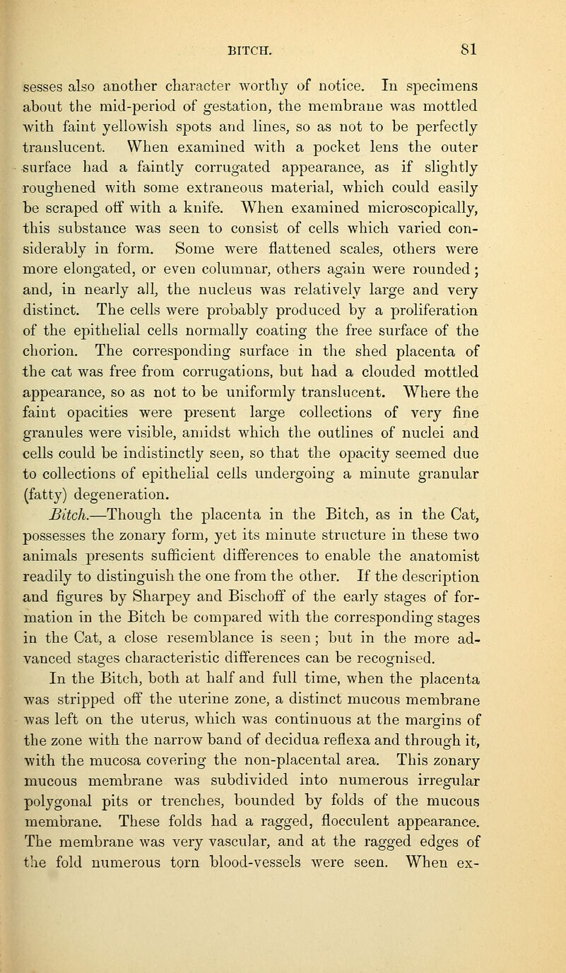 sesses also another character worthy of notice. In specimens about the mid-period of gestation, the membrane was mottled with faint yellowish spots and lines, so as not to be perfectly translucent. When examined with a pocket lens the outer surface had a faintly corrugated appearance, as if slightly roughened with some extraneous material, which could easily be scraped off with a knife. When examined microscopically, this substance was seen to consist of cells which varied con- siderably in form. Some were flattened scales, others were more elongated, or even columnar, others again w^ere rounded ; and, in nearly ail, the nucleus was relatively large and very distinct. The cells were probably produced by a proliferation of the epithelial cells normally coating the free surface of the chorion. The corresponding surface in the shed placenta of the cat was free from corrugations, but had a clouded mottled appearance, so as not to be uniformly translucent. Where the faint opacities were present large collections of very fine granules were visible, amidst which the outlines of nuclei and cells could be indistinctly seen, so that the opacity seemed due to collections of epithelial cells undergoing a minute granular (fatty) degeneration. B Bitch.—Though the placenta in the Bitch, as in the Cat, possesses the zonary form, yet its minute structure in these two animals presents sufficient differences to enable the anatomist readily to distinguish the one from the other. If the description and figures by Sharpey and Bischoff of the early stages of for- mation in the Bitch be compared with the corresponding stages in the Cat, a close resemblance is seen; but in the more ad- vanced stages characteristic differences can be recognised. In the Bitch, both at half and full time, when the placenta was stripped off the uterine zone, a distinct mucous membrane was left on the uterus, which was continuous at the margins of the zone with the narrow band of decidua refiexa and through it, with the mucosa covering the non-placental area. This zonary mucous membrane was subdivided into numerous irregular polygonal pits or trenches, bounded by folds of the mucous membrane. These folds had a ragged, flocculent appearance. The membrane was very vascular, and at the ragged edges of the fold numerous torn blood-vessels were seen. When ex-