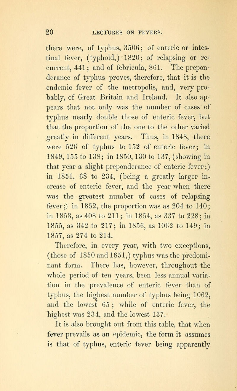 there were, of typhus, 3506; of enteric or mtes- tinal fever, (typhoid,) 1820; of relapsing or re- current, 441; and of febricula, 861. The prepon- derance of typhus proves, therefore, that it is the endemic fever of the metropolis, and, very pro- bably, of Great Britain and Ireland. It also ap- pears that not only was the number of cases of typhus nearly double those of enteric fever, but that the proportion of the one to the other varied greatly in different years. Thus, in 1848, there were 526 of typhus to 152 of enteric fever; in 1849, 155 to 138; in 1850,130 to 137, (showing in that year a slight preponderance of enteric fever;) in 1851, 68 to 234, (being a greatly larger in- crease of enteric fever, and the year when there was the greatest number of cases of relapsing fever;) in 1852, the proportion was as 204 to 140; in 1853, as 408 to 211; in 1854, as 337 to 228; in 1855, as 342 to 217; in 1856, as 1062 to 149; in 1857, as 274 to 214. Therefore, in every year, with two exceptions, (those of 1850 and 1851,) typhus was the predomi- nant form. There has, however, throughout the whole period of ten years, been less annual varia- tion in the prevalence of enteric fever than of typhus, the highest number of typhus being 1062, and the lowest 65 ; Avhile of enteric fever, the highest was 234, and the lowest 137. It is also brought out from this table, that when fever prevails as an epidemic, the form it assumes is that of typhus, enteric fever being apparently