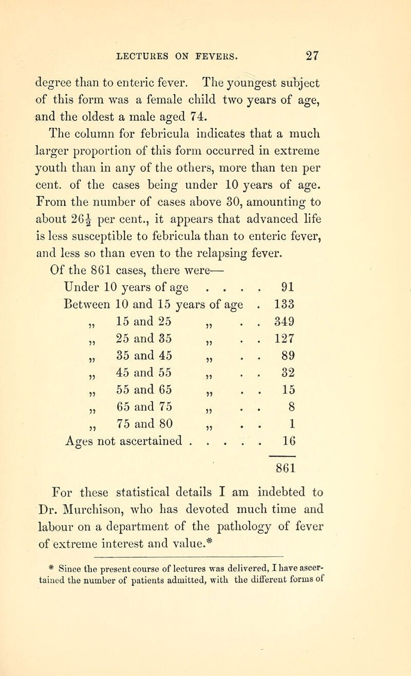 degree than to enteric fever. The youngest subject of this form was a female child two years of age, and the oldest a male aged 74. The column for febricula indicates that a much larger proportion of this form occurred in extreme youth than in any of the others, more than ten per cent, of the cases being under 10 years of age. From the number of cases above 30, amounting to about 26^ per cent., it appears that advanced life is less susceptible to febricula than to enteric fever, and less so than even to the relapsing fever. Of the 861 cases, there were— Under 10 years of age .... 91 Between 10 and 15 years of age . 133 15 and 25 „ . . 349 25 and 35 „ . . 127 35 and 45 „ . . 89 45 and 55 „ . . 32 55 and 65 „ . . 15 65 and 75 75 and 80 Ages not ascertained 1 16 861 For these statistical details I am indebted to Dr. Murchison, who has devoted much time and labour on a department of the pathology of fever of extreme interest and value.* * Since the present course of lectures was delivered, I have ascer- tained the number of patients admitted, with the different forms of