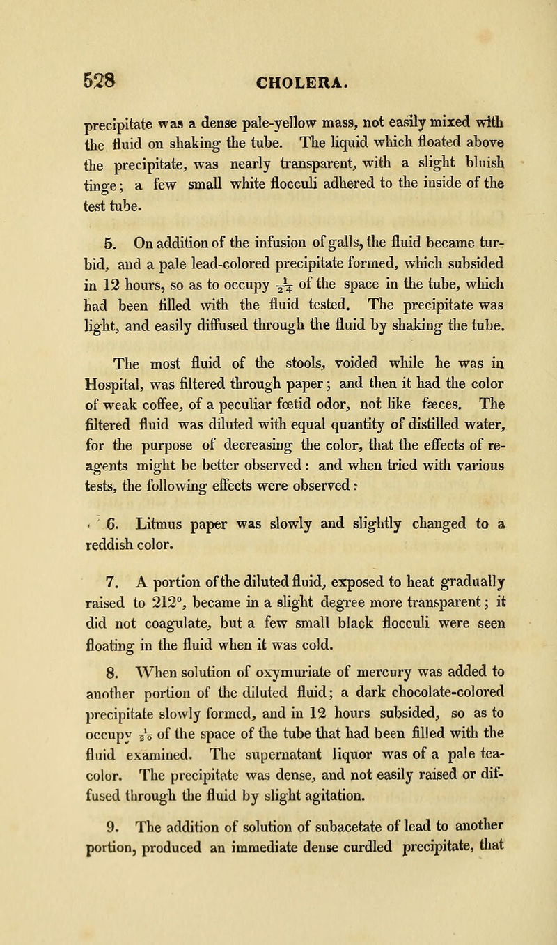 precipitate was a dense pale-yellow masa, not easily mixed with the fluid on shaking the tube. The liquid which floated above the precipitate, was nearly transparent, with a slight bluish tinge; a few small white flocculi adhered to the inside of the test tube. 5. On addition of the infusion of galls, the fluid became tur- bid, and a pale lead-colored precipitate formed, which subsided in 12 hours, so as to occupy —^ of the space in the tube, which had been tilled with the fluid tested. The precipitate was light, and easily diffused through the fluid by shaking the tube. The most fluid of the stools, voided while he was in Hospital, was filtered through paper; and then it had the color of weak coffee, of a peculiar foetid odor, not like faeces. The filtered fluid was diluted with equal quantity of distilled water, for the purpose of decreasing the color, that the effects of re- agents might be better observed : and when tried with various tests, the following effects were observed: . ' 6. Litmus paper was slowly and slightly changed to a reddish color. 7. A portion of the diluted fluid, exposed to heat gradually raised to 212°, became in a slight degree more transparent; it did not coagulate, but a few small black flocculi were seen floating in the fluid when it was cold. 8. When solution of oxymuriate of mercury was added to another portion of the diluted fluid; a dark chocolate-colored precipitate slowly formed, and in 12 hours subsided, so as to occupv s'o of the space of the tube that had been filled with the fluid examined. The supernatant liquor was of a pale tea- color. The precipitate was dense, and not easily raised or dif- fused through the fluid by slight agitation. 9. The addition of solution of subacetate of lead to another portion, produced an immediate dense curdled precipitate, that