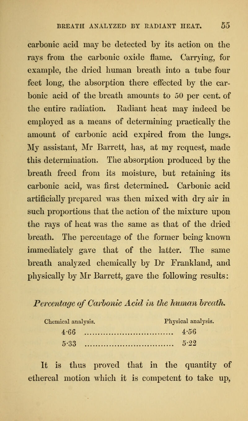 carbonic acid may be detected by its action on the rays from the carbonic oxide flame. Carrying, for example, the dried human breath into a tube four feet long, the absorption there effected by the car- bonic acid of the breath amounts to 50 per cent, of the entire radiation. Radiant heat may indeed be employed as a means of determining practically the amount of carbonic acid expired from the lungs. My assistant, Mr Barrett, has, at my request, made this determination. The absorption produced by the breath freed from its moisture, but retaining its carbonic acid, was first determined. Carbonic acid artificially prepared was then mixed with dry air in such proportions that the action of the mixture upon the rays of heat was the same as that of the dried breath. The percentage of the former being known immediately gave that of the latter. The same breath analyzed chemically by Dr Frankland, and physically by Mr Barrett, gave the following results: Percentage of Carbonic Acid in the human breath. Chemical analysis. Physical analysis. ±-6Q i-56 5-33 5-22 It is thus proved that in the quantity of ethereal motion which it is competent to take up,