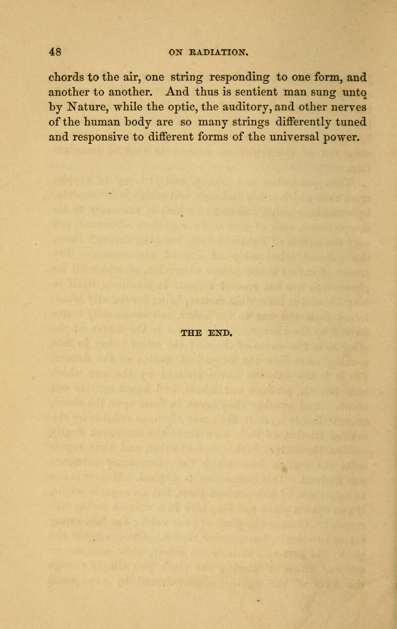 chords to the air, one string responding to one form, and another to another. And thus is sentient man sun or unto by ]N'ature, while the optic, the auditory, and other nerves of the human body are so many strings differently tuned and responsive to different forms of the universal power. THE END.