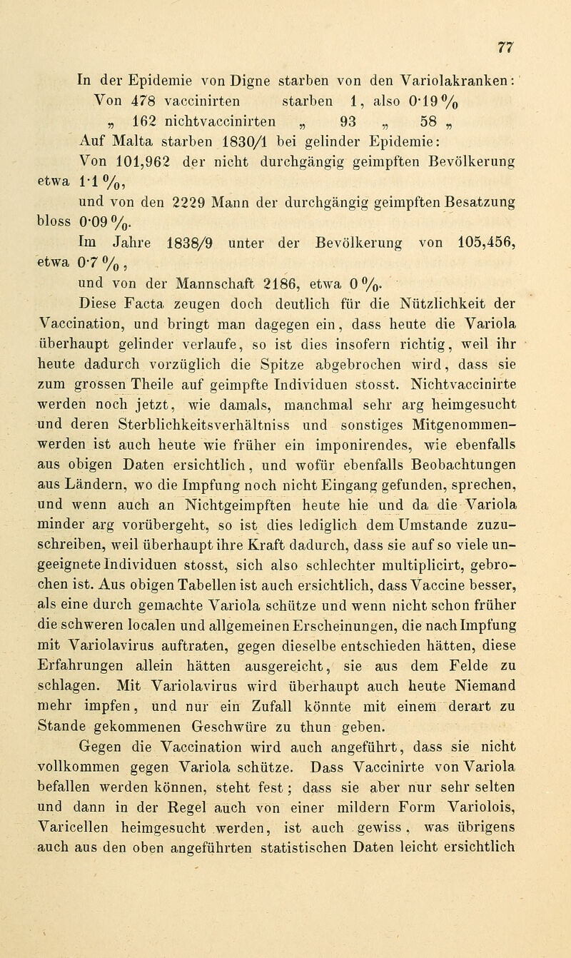 In der Epidemie von Digne starben von den Variolakranken: Von 478 vaccinirten starben 1, also 0'19Vo „ 162 nichtvaccinirten „ 93 „ 58 „ Auf Malta starben 1830/1 bei gelinder Epidemie: Von 101,962 der nicht durchgängig geimpften Bevölkerung etwa 1-1 Vo) und von den 2229 Mann der durchgängig geimpften Besatzung bloss 0-09%. Im Jahre 1838/9 unter der Bevölkerung von 105,456, etwa 0-7 %, und von der Mannschaft 2186, etwa 0%. Diese Facta zeugen doch deutlich für die Nützlichkeit der Vaccination, und bringt man dagegen ein, dass heute die Variola überhaupt gelinder verlaufe, so ist dies insofern richtig, weil ihr heute dadurch vorzüglich die Spitze abgebrochen wird, dass sie zum grossen Theile auf geimpfte Individuen stosst. Nichtvaccinirte werden noch jetzt, wie damals, manchmal sehr arg heimgesucht und deren Sterblichkeitsverhältniss und sonstiges Mitgenommen- werden ist auch heute wie früher ein imponirendes, wie ebenfalls aus obigen Daten ersichtlich, und wofür ebenfalls Beobachtungen aus Ländern, wo die Impfung noch nicht Eingang gefunden, sprechen, und wenn auch an Nichtgeimpften heute hie und da die Variola minder arg vorübergeht, so ist dies lediglich dem Umstände zuzu- schreiben, weil überhaupt ihre Kraft dadurch, dass sie auf so viele un- geeignete Individuen stosst, sich also schlechter multiplicirt, gebro- chen ist. Aus obigen Tabellen ist auch ersichtlich, dass Vaccine besser, als eine durch gemachte Variola schütze und wenn nicht schon früher die schweren localen und allgemeinen Erscheinungen, die nach Impfung mit Variolavirus auftraten, gegen dieselbe entschieden hätten, diese Erfahrungen allein hätten ausgereicht, sie aus dem Felde zu schlagen. Mit Variolavirus wird überhaupt auch heute Niemand mehr impfen, und nur ein Zufall könnte mit einem derart zu Stande gekommenen Geschwüre zu thun geben. Gegen die Vaccination wird auch angeführt, dass sie nicht vollkommen gegen Variola schütze. Dass Vaccinirte von Variola befallen werden können, steht fest; dass sie aber nur sehr selten und dann in der Regel auch von einer mildern Form Variolois, Varicellen heimgesucht werden, ist auch . gewiss , was übrigens auch aus den oben angeführten statistischen Daten leicht ersichtlich