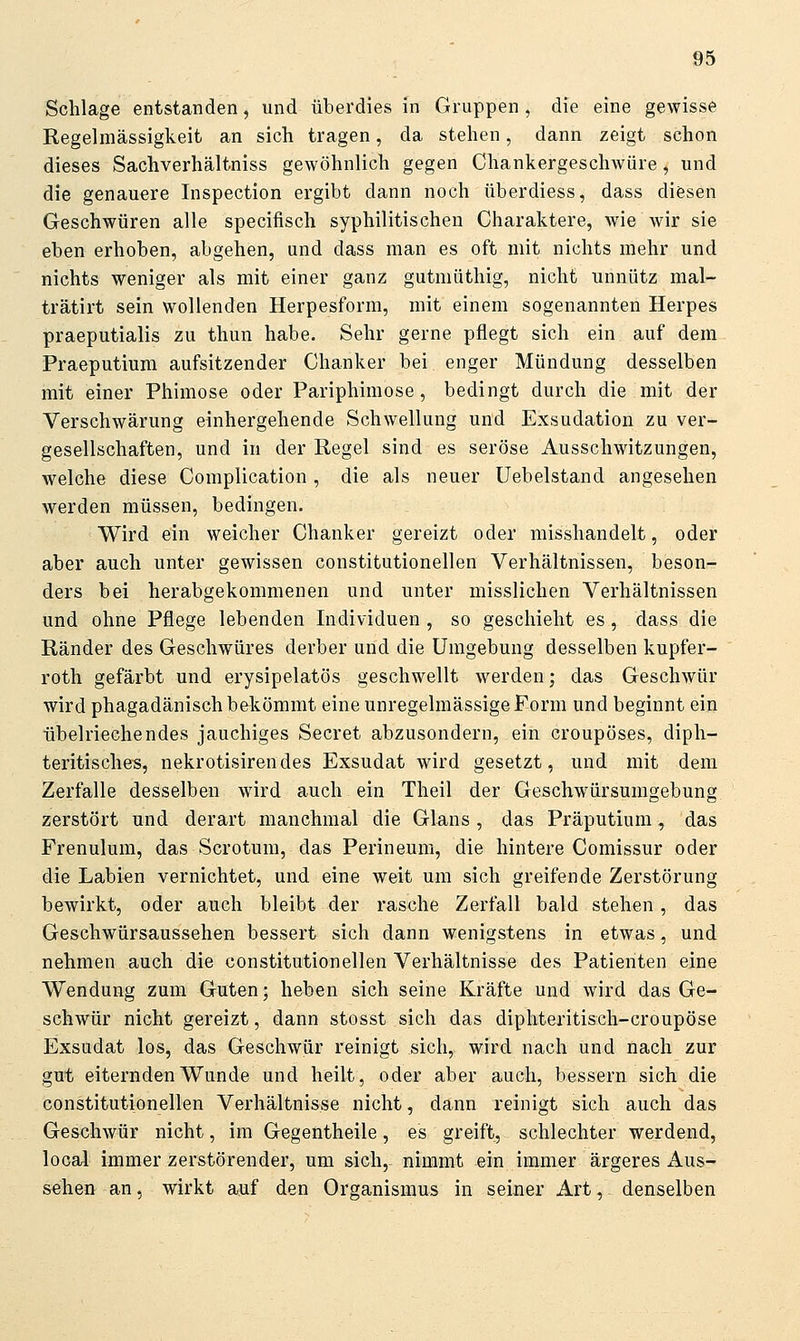 Schlage entstanden, und überdies in Gruppen, die eine gewisse Regelmässigkeit an sich tragen, da stehen, dann zeigt schon dieses Sachverhältniss gewöhnlich gegen Chankergeschwüre, und die genauere Inspection ergibt dann noch überdiess, dass diesen Geschwüren alle specifisch syphilitischen Charaktere, wie wir sie eben erhoben, abgehen, und dass man es oft mit nichts mehr und nichts weniger als mit einer ganz gutmüthig, nicht unnütz mal- trätirt sein wollenden Herpesform, mit einem sogenannten Herpes praeputialis zu thun habe. Sehr gerne pflegt sich ein auf dem Praeputium aufsitzender Chanker bei enger Mündung desselben mit einer Phimose oder Pariphimose, bedingt durch die mit der Verschwärung einhergehende Schwellung und Exsudation zu ver- gesellschaften, und in der Regel sind es seröse Ausschwitzungen, welche diese Complication, die als neuer üebelstand angesehen werden müssen, bedingen. Wird ein weicher Chanker gereizt oder misshandelt, oder aber auch unter gewissen constitutionellen Verhältnissen, beson- ders bei herabgekommenen und unter misslichen Verhältnissen und ohne Pflege lebenden Individuen , so geschieht es, dass die Ränder des Geschwüres derber und die Umgebung desselben kupfer- roth gefärbt und erysipelatös geschwellt werden; das Geschwür wird phagadänisch bekömmt eine unregelmässige Form und beginnt ein übelriechendes jauchiges Secret abzusondern, ein croupöses, diph- teritisches, nekrotisirendes Exsudat wird gesetzt, und mit dem Zerfalle desselben wird auch ein Theil der Geschwürsumgebung zerstört und derart manchmal die Glans , das Präputium, das Frenulum, das Scrotum, das Perineum, die hintere Comissur oder die Labien vernichtet, und eine weit um sich greifende Zerstörung bewirkt, oder auch bleibt der rasche Zerfall bald stehen, das Geschwürsaussehen bessert sich dann wenigstens in etwas, und nehmen auch die constitutionellen Verhältnisse des Patienten eine Wendung zum Guten; heben sich seine Kräfte und wird das Ge- schwür nicht gereizt, dann stosst sich das diphteritisch-croupöse Exsudat los, das Geschwür reinigt sich, wird nach und nach zur gut eiternden Wunde und heilt, oder aber auch, bessern sich die constitutionellen Verhältnisse nicht, dann reinigt sich auch das Geschwür nicht, im Gegentheile, es greift, schlechter werdend, local immer zerstörender, um sich, nimmt ein immer ärgeres Aus- sehen an, wirkt auf den Organismus in seiner Art, denselben