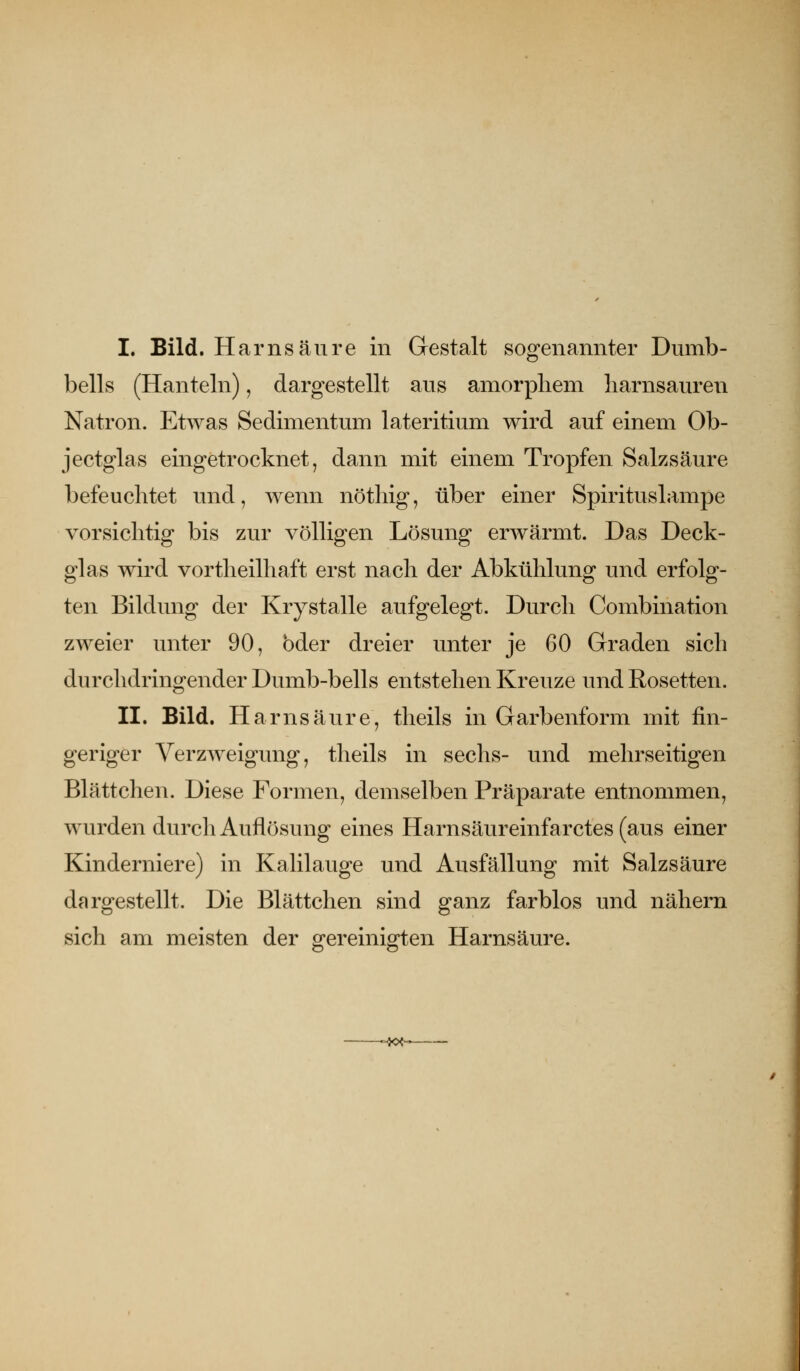 bells (Hanteln), dargestellt aus amorphem liarnsauren Natron. Etwas Sedimentum laterltium wird auf einem Ob- jectglas eingetrocknet, dann mit einem Tropfen Salzsäure befeuchtet und, wenn nötliig, über einer Spirituslampe vorsichtig bis zur völligen Lösung erwärmt. Das Deck- glas wird vortlieilhaft erst nach der Abkühlung und erfolg- ten Bildung der Krystalle aufgelegt. Durch Combination zweier unter 90, bder dreier unter je 60 Graden sich durchdringender Dumb-bells entstehen Kreuze und Rosetten. II. Bild. Harnsäure, theils in Garbenform mit fin- geriger Verzweigung, theils in sechs- und mehrseitigen Blattchen. Diese Formen, demselben Präparate entnommen, wurden durch Auflösung eines Harnsäureinfarctes (aus einer Kinderniere) in Kalilauge und Ausfällung mit Salzsäure dargestellt. Die Blättchen sind ganz farblos und nähern sich am meisten der gereinigten Harnsäure.
