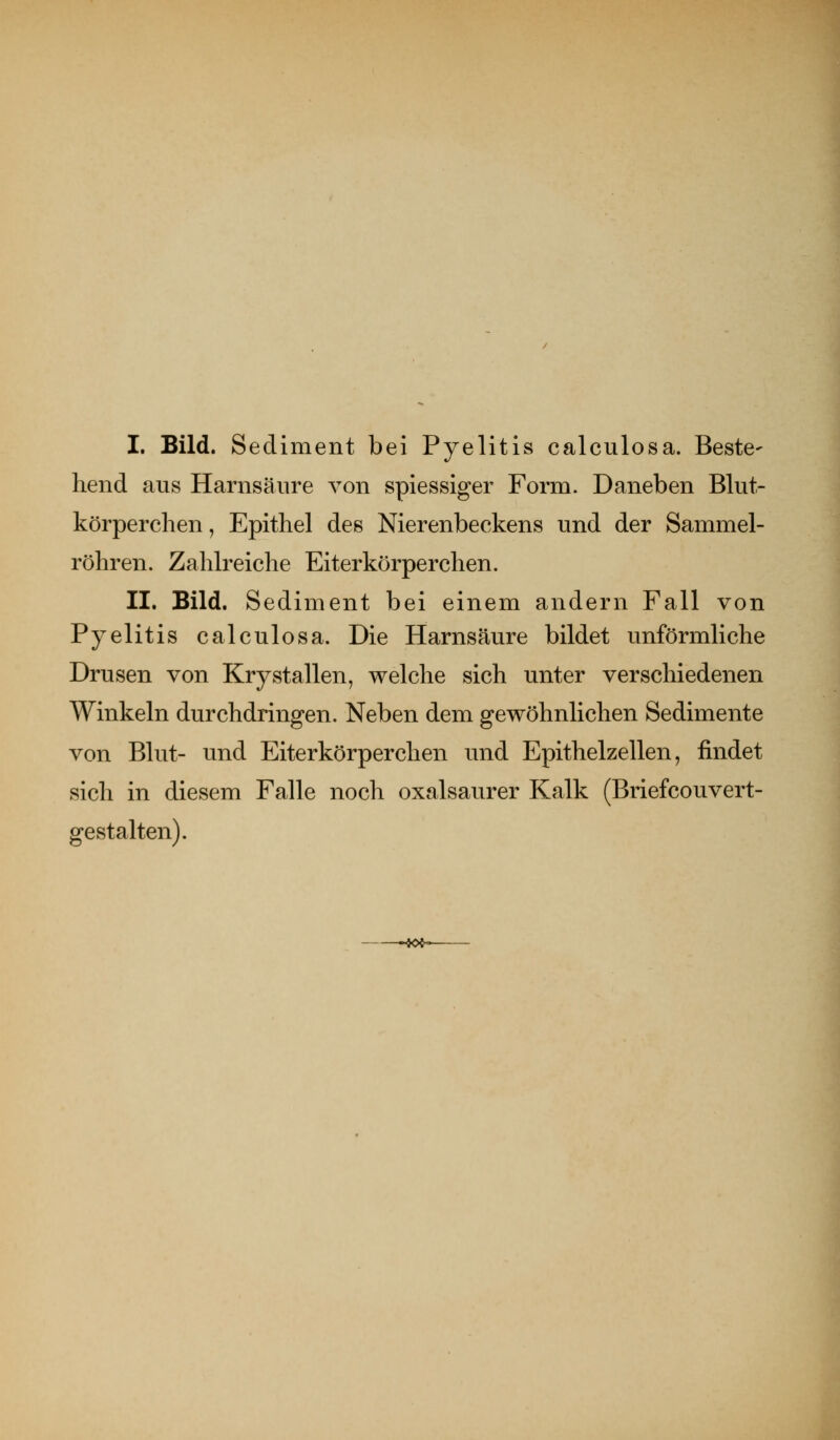 I. Bild. Sediment bei Pyelitis calculosa. Beste- hend aus Harnsäure von spiessiger Form. Daneben Blut- körperchen , Epithel des Nierenbeckens und der Sammel- röhren. Zahlreiche Eiterkörperchen. II. Bild. Sediment bei einem andern Fall von Pyelitis calculosa. Die Harnsäure bildet unförmliche Drusen von Krystallen, welche sich unter verschiedenen Winkeln durchdringen. Neben dem gewöhnlichen Sedimente von Blut- und Eiterkörperchen und Epithelzellen, findet sich in diesem Falle noch oxalsaurer Kalk (Briefcouvert- gestalten). -40^-