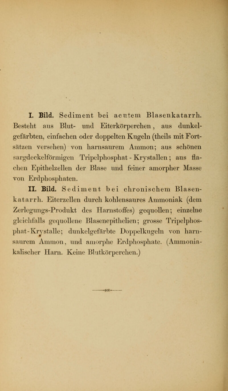 L Bild. Sediment bei acutem Blasenkatarrh. Besteht aus Blut- und Eiterkörperchen, aus dunkel- gefärbten, einfachen oder doppelten Kugeln (theils mit Fort- sätzen versehen) von harnsaurem Ammon; aus schönen sargdeckelförmigen Tripelphosphat - Krystallen ; aus fla- chen Epithelzellen der Blase und feiner amorpher Masse von Erdphosphaten. IL Bild. Sediment bei chronischem Blasen- katarrh. Eiterzellen durch kohlensaures Ammoniak (dem Zerlegungs-Produkt des Harnstofifes) gequollen; einzelne gleichfalls gequollene Blasenepitlielien; grosse Tripelphos- phat-Kry stalle; dunkelgefärbte Doppelkugeln von harn- saurem Ammon, und amorphe Erdphosphate. (Ammonia- kalischer Harn. Keine Blutkörperchen.)