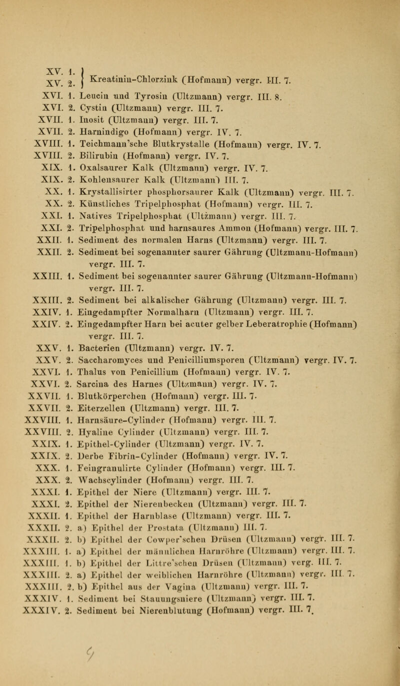 XVI, 1. Leucln und Tjrosin (Ultzmann) vergr. III. 8. XVI. 2. Cystia (Ultzmann) vergr. III. 7. XVII. \. Inosit (Ultzmann) vergr. III. 7. XVII. 2. Harnindigo (Hofmann) vergr. IV. 7. XVIII. 1. Teichmann'sehe Blntkrystalle (Hofmann) vergr. IV. 7. XVIII. 2. Biliruhin (Hofmann) vergr. IV. 7. XIX. 4. Oxalsaurer Kalk (Ultzmann) vergr. IV. 7. XIX. 2. Kohlensaurer Kalk (UltzmaniO III. 7. XX. 1. Krystallisirter phosphorsaurer Kalk (Ultzmann) vergr. III. 7. XX. 2. Künstliches Tripelphosphat (Hofmann) vergr. III. 7. XXL 1. Natives Tripelphosphat (Ultzmann) vergr. III. 7. XXL 2- Tripelphosphat und harnsaures Ammon (Hofmann) vergr. III. 7. XXII. L Sediment des normalen Harns (Ultzmann) vergr. HL 7. XXII. 2. Sediment bei sogenannter saurer Gähruug (Ültzmanu-Hofmanu) vergr. HL 7. XXIII. \. Sediment bei sogenannter saurer Gährung (Ultzmann-Hofmanii) vergr. III. 7. XXIII. 2. Sediment bei alkalischer Gährung (Ultzmann) vergr. III. 7. XXIV. 1. Eingedampfter Normalharn (Ultzmann) vergr. HL 7. XXIV. 2. Eingedampfter Harn bei acuter gelber Leberatrophie (Hofmann) vergr. III. 7. XXV. 1. Bacterien (Ultzmann) vergr. IV. 7. XXV. 2. Saccharomyces und Penicilliumsporen (Ultzmann) vergr. IV. 7. XXVI. 1. Thalus von Penicillium (Hofmami) vergr. IV. 7. XXVI. 2. Sarcina des Harnes (Ultzmann) vergr. IV. 7. XXVIL 1. Blutkörperchen (Hofmann) vergr. III. 7- XXVII. 2. Eiterzellen (Ultzmann) vergr. III. 7. XXVIII. L Harnsäure-Cylinder (Hofmann) vergr. HL 7. XXVIH. 2. Hyaline Cylinder (Ultzmann) vergr. HL 7. XXIX. 1. Epithel-Cylinder (Ultzmann) vergr. IV. 7. XXIX. 2. Derbe Fibrin-Cylinder (Hofmann) vergr. IV. 7. XXX. 1. Feiugranulirte Cylinder (Hofmann) vergr. III. 7. XXX. 2. Wachscylinder (Hofmann) vergr. HL 7. XXXI. 1. Epithel der Niere (Ultzmann) vergr. III. 7. XXXL 2. Epithel der Nierenbecken (Ultzmann) vergr. III. 7. XXXIL i. Epithel der Harnblase (Ultzmann) vergr. HL 7. XXXIL 2. a) Epithel der Prostata (Ultzmann) HI. 7. XXXIL 2. b) Epithel der Cowper'schen Drüsen (Ultzmann) vergr. III. 7. XXXIIL \. a) Epithel der männlichen Harnröhre (Ultzmann) vergr. HL 7. XXXIII. \. b) Epithel der Littre'scheu Drüsen (Ultzmann) verg. IH. 7. XXXIIL 2. a) Epithel der weiblichen Harnröhre (Ultzmann) vergr. III 7. XXXIH. 2. b) Epithel aus der Vagina (Ultzmann) vorgr. HL 7. XXXIV. L Sediment bei Stauungsniere (Ultzmann) vergr. III. 7. XXXIV. 2. Sediment bei Nierenblutung (Hofmann) vergr. III. 7. 9