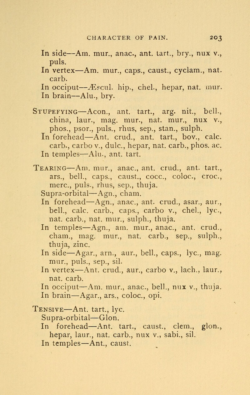 In side—Am. mur., anac, ant. tart., bry., nux v., puis. In vertex—Am. mur., caps., caust., cyclam., nat. carb. In occiput—^^=col. hip., cheL, hepar, nat. mur. In brain—Alu., bry. Stupefying—Aeon., ant. tart., arg. nit., bell., china, laur., mag. mur., nat. mur., nux v., phos., psor., puis., rhus, sep., stan., sulph. In forehead—Ant. crud., ant. tart., bov., calc. carb., carbo v., dulc, hepar, nat. carb., phos. ac. In temples—Alu., ant. tart. Tearing—Am. mur., anac, ant. crud., ant. tart., ars., bell., caps., caust., cocc, coloc, croc, mere, puis., rhus, sep., thuja. Supra-orbital—Agn., cham. In forehead—Agn., anac, ant. crud., asar., aur., bell., calc carb., caps., carbo v., che]., lye, nat. carb., nat. mur., sulph., thuja. In temples—Agn., am. mur., anac, ant. crud., cham., mag. mur., nat. carb., sep., sulph., thuja, zinc. In side—Agar., arn., aur., bell., caps., lye, mag. mur., puis., Sep., sil. In vertex—Ant. crud., aur., carbo v., lach., laur., nat. carb. In occiput—Am. mur., anac, bell., nux v., thuja. In brain—Agar., ars., coloc, opi. Tensive—Ant. tart., lye Supra-orbital—Glon. In forehead—Ant. tart., caust., clem., glon., hepar, laur., nat. carb., nux v., sabi., sil. In temples—Ant., caust.